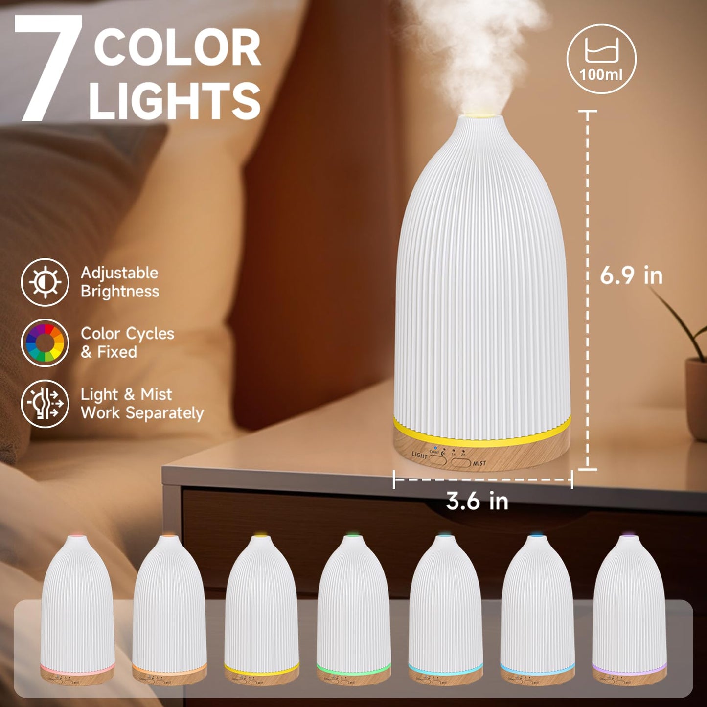 URPOWER Essential Oil Diffusers for Home with 7 LED Color Changing Lights, Timer & Auto-Off Ultrasonic Aromatherapy Diffuser Cool Mist Humidifer Scent Diffuser for Bedroom, Office, Yoga