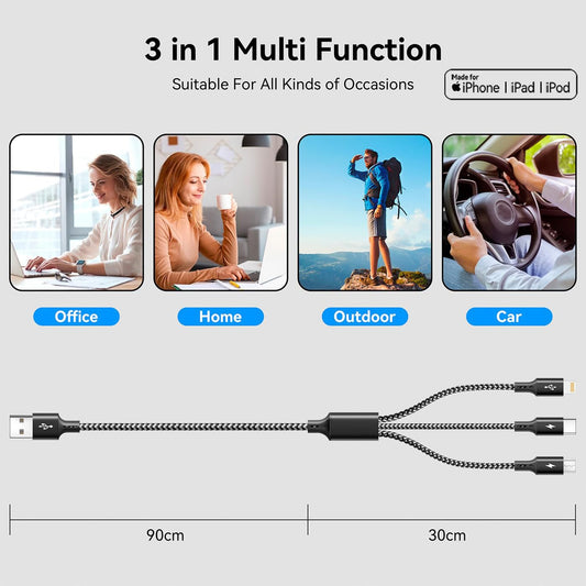3 in 1 Multiple Charging Cable(2Pack 4Ft), Braided Multi Charger Cord USB C Charging Cable Universal USB Cable with Type C/Micro USB Port for Cell Phones, iPhone 17 16 15 14 13 Series, Tablets, More