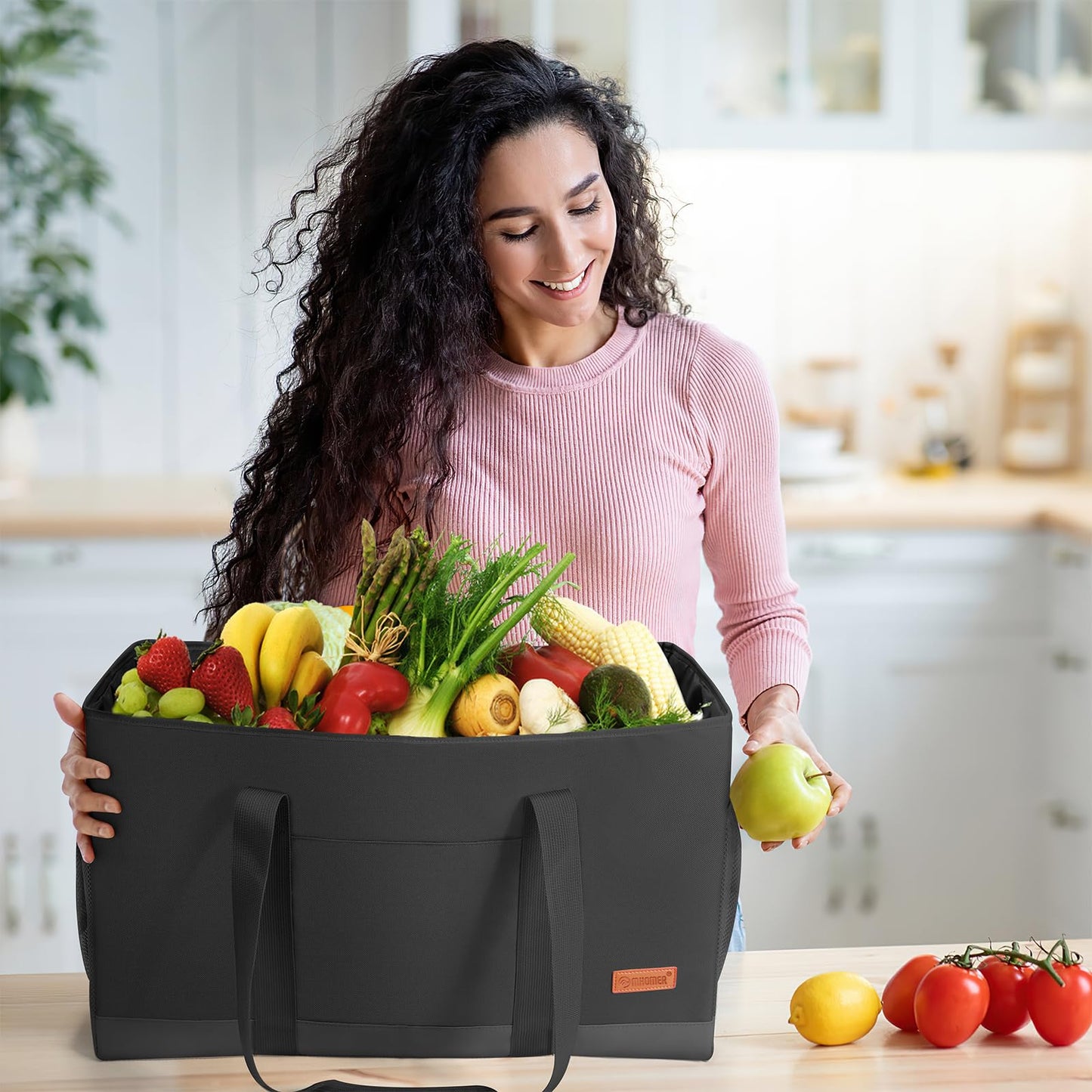 MHOMER Reusable Upright Grocery Bags Extra Waterproof Large Utility Tote Bag with Carrying Handles Foldable Shopping Bags Reinforced Bottom and Side Durable Oxford Fabric Classic Carbon Black