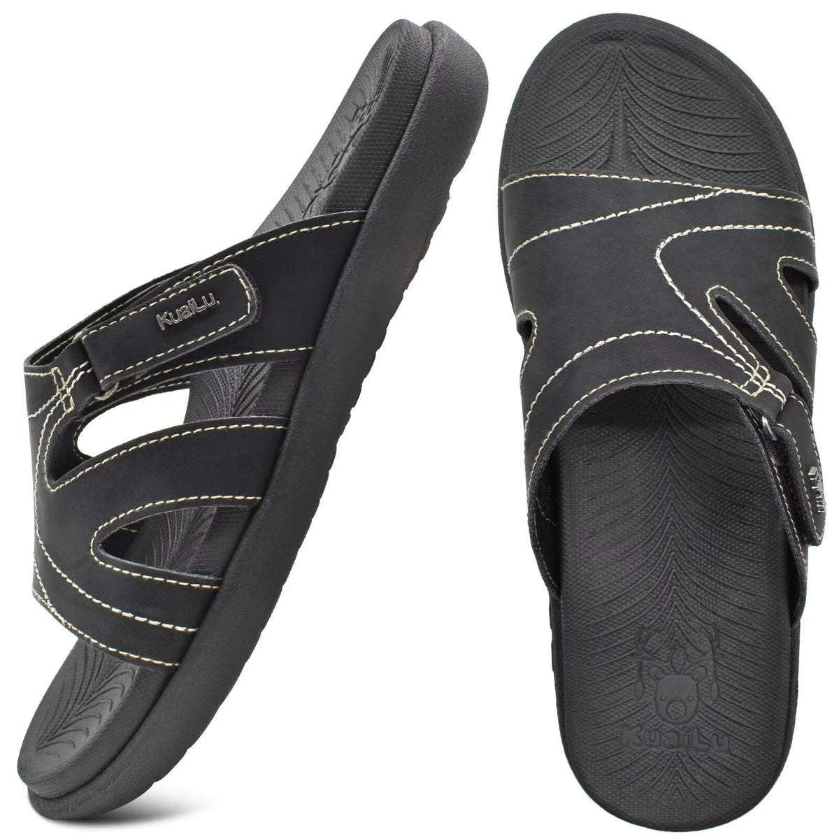 KuaiLu Womens Fashion Orthotic Slides Ladies Lightweight Athletic Yoga Mat Sandals Slip On Thick Cushion Slippers Sandals With Comfortable Plantar Fasciitis Arch Support, Black, 10.5