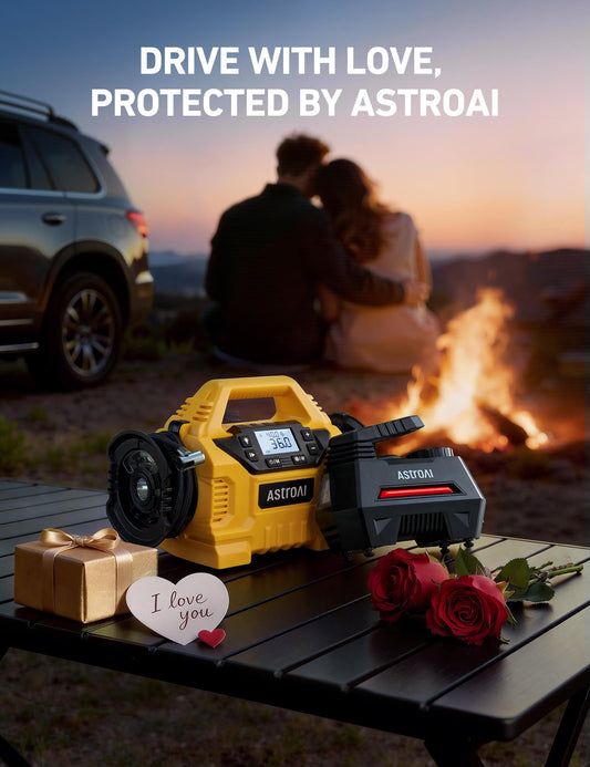 AstroAI Tire Inflator Portable Air Compressor Tire Air Pump for Car Tires - Car Accessories, 9.8Ft Cord-12V DC-Powered Auto Pump with Digital Pressure Gauge, LED Light for Bicycle, Balloons, Red