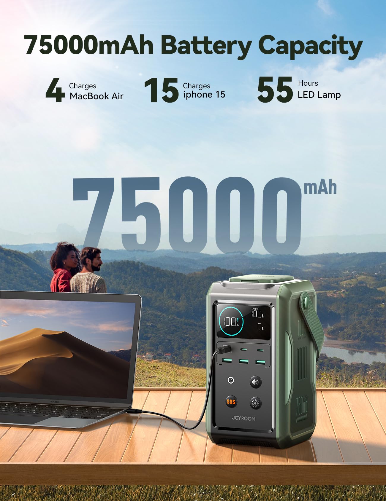JOYROOM Portable Power Station 75000mAh,Outdoor 240Wh Battery (LED Light and SOS Mode) QC3.0 100W Fast Charging, for Camping, Traveling, and Emergencies