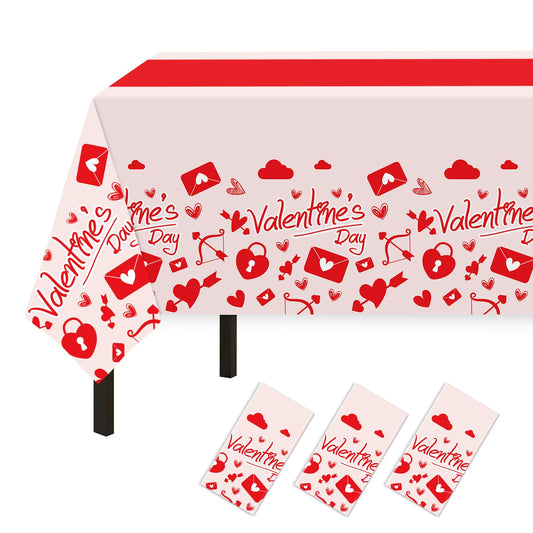 Childom Valentines Day Tablecloth for Valentines Day Decorations Party,3 Pack Disposable Plastic Valentines Table Cloths 54" x 108" Pink Table Cover,Valentines Decor for Wedding Engagement Anniversary