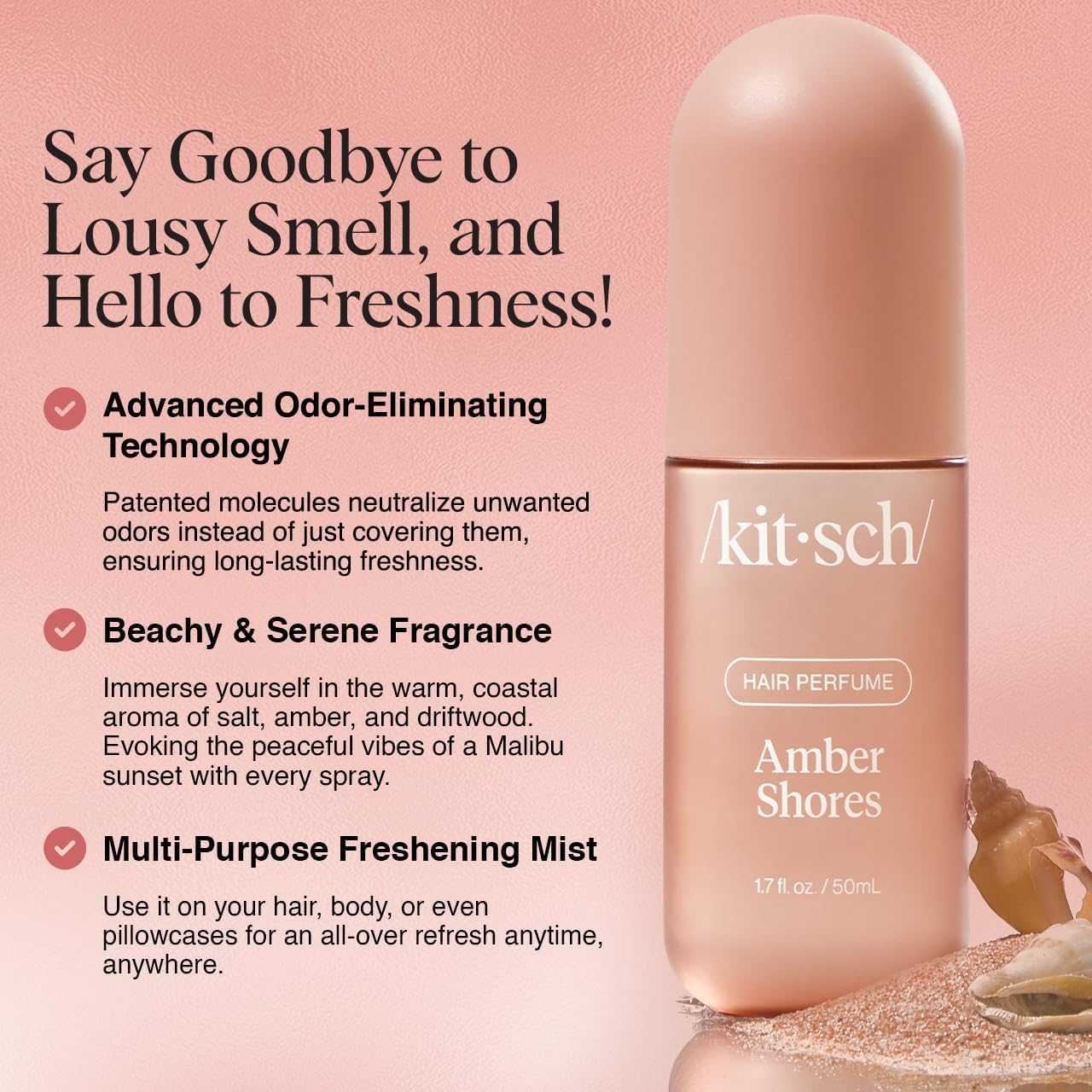 Kitsch Hair Perfume for Women - Amber Shores | Clean, Deodorizing & Patented Odor-Eliminating Technology Hair Spray & Body Mist - Freshen Hair, Body & Pillows - Woody Aquatic Scent - 50mL