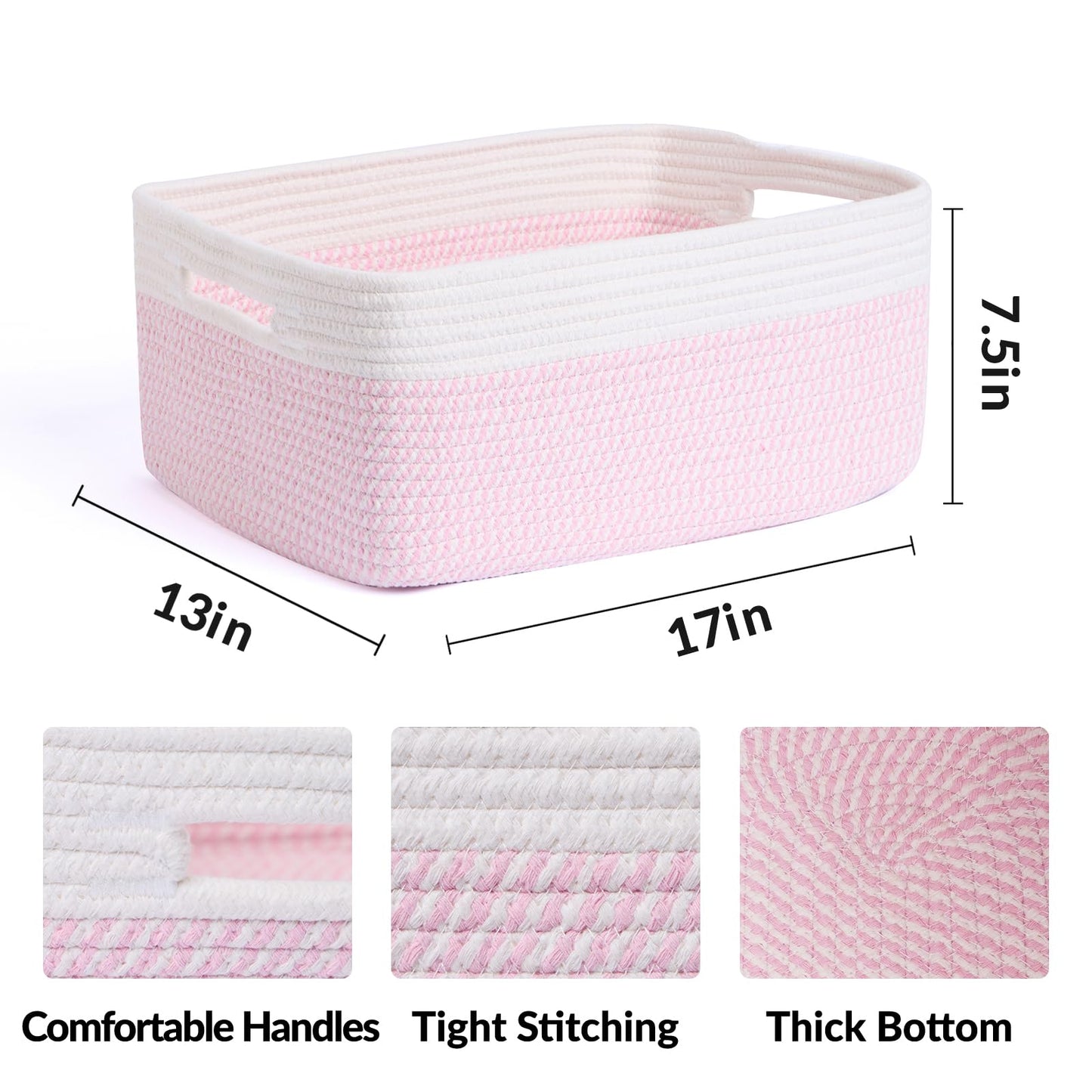 MiniArk Large Storage Baskets for Shelves, Closet Organizers Bins for Clothes Blanket Towels, Baby Nursery, Toy Baskets Box, Woven Rope Baskets, 17 x 13 x 7.5”, 3 Packs Woven Pink