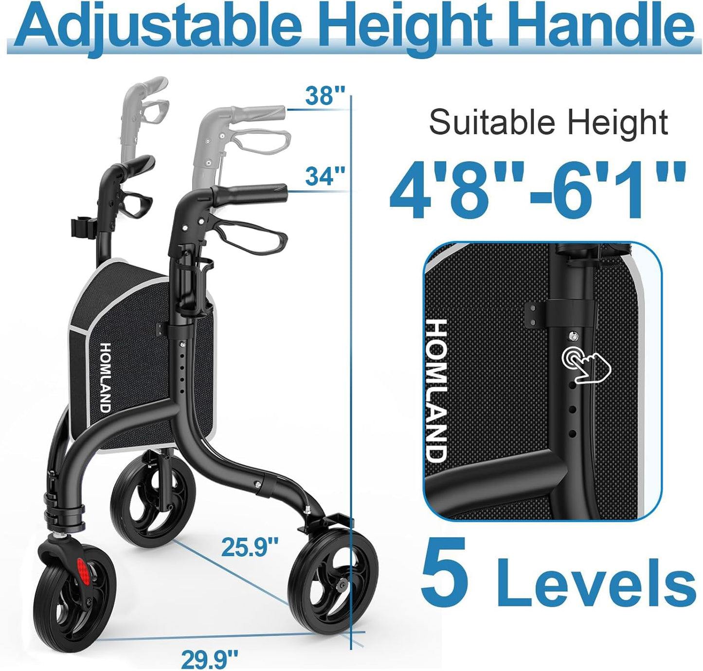 HOMLAND 3 Wheel Walkers for Seniors, FSA/HSA Eligible Foldable Wheeled Rollator with Cane Hold and Cup Hold, Lightweight Three Wheel Rolling Walker Height Adjustable for Seniors