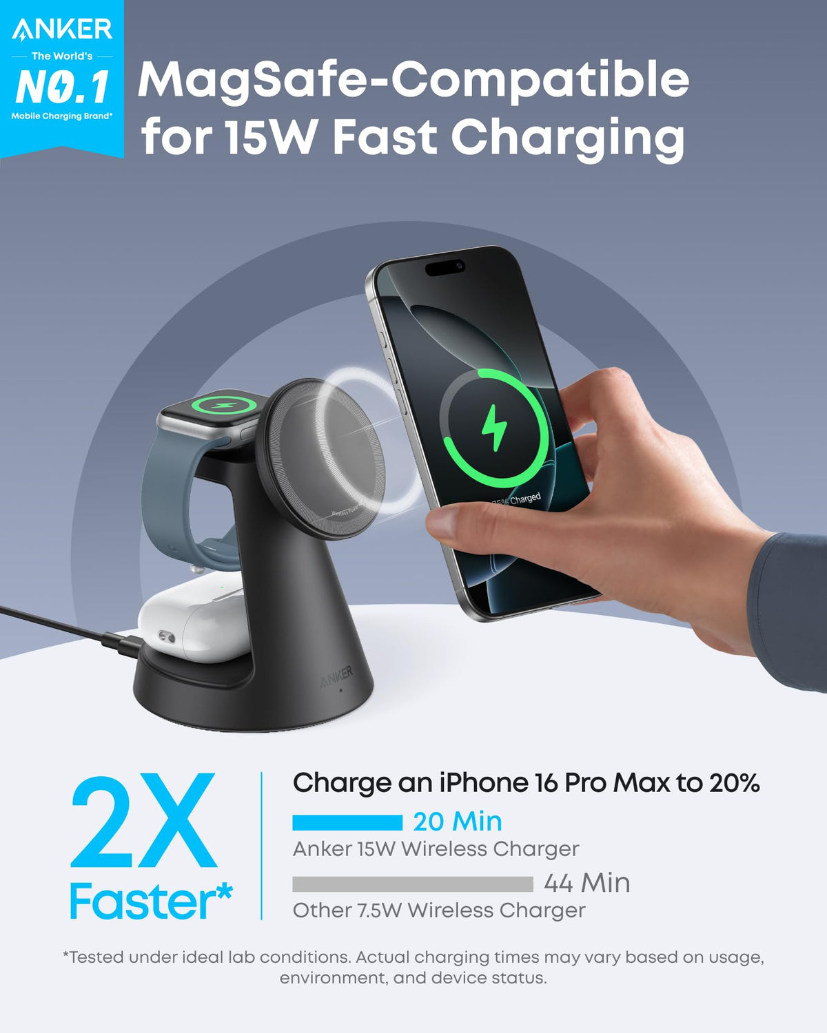 Anker MagSafe Charger Compatible, MagGo 3-in-1 Charging Station, Qi2 Certified 15W Magnetic Wireless Charger Dock Stand, For iPhone16/15/14/13/12 Series, Apple Watch,AirPods,and More(Adapter Included)