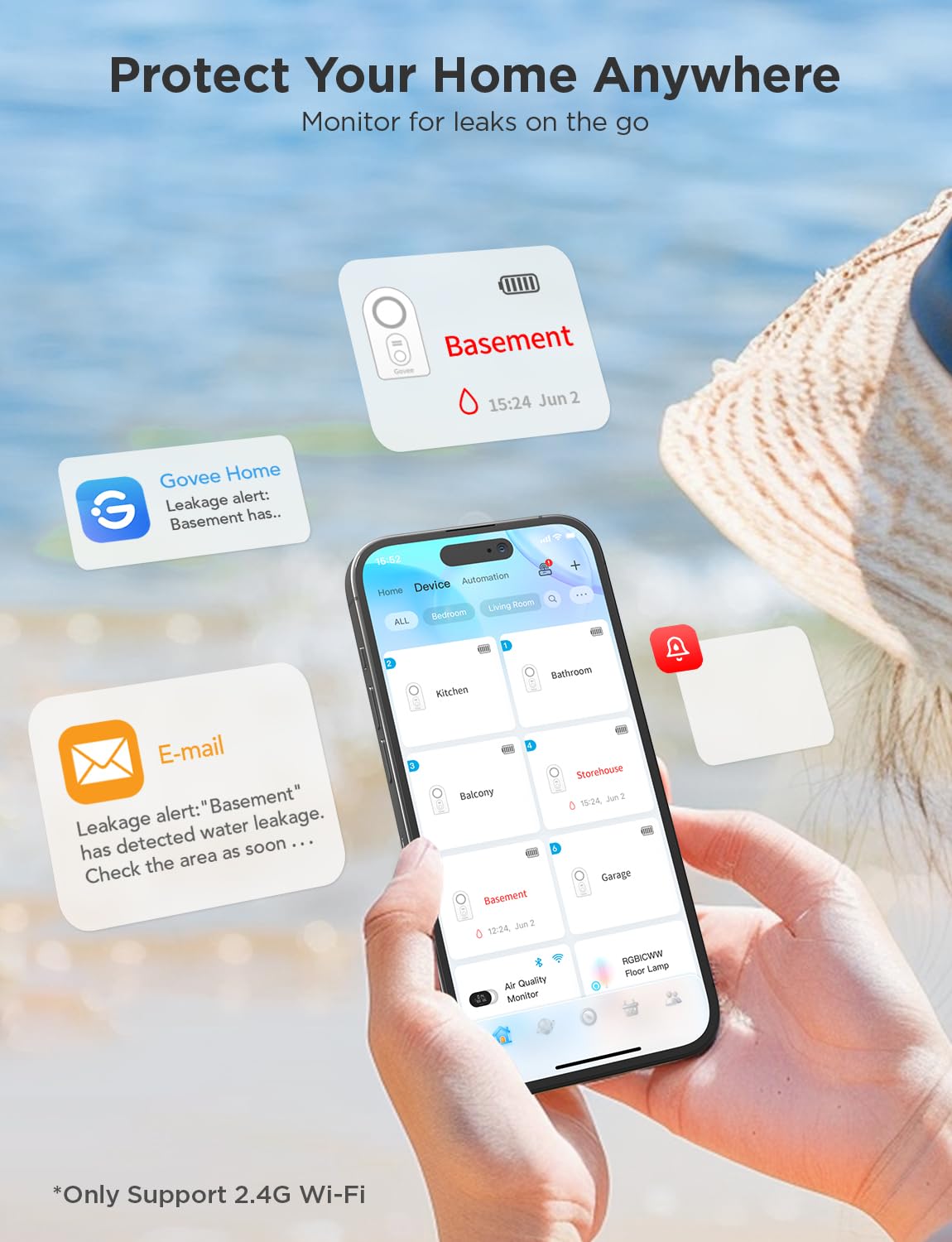 Govee WiFi Water Sensor 2 Pack, Smart Water Leak Detector, 100dB Adjustable Alarm Suit for Home and Basement, Water Leak Alert with Email & APP Push (Only Support 2.4G Wi-Fi)