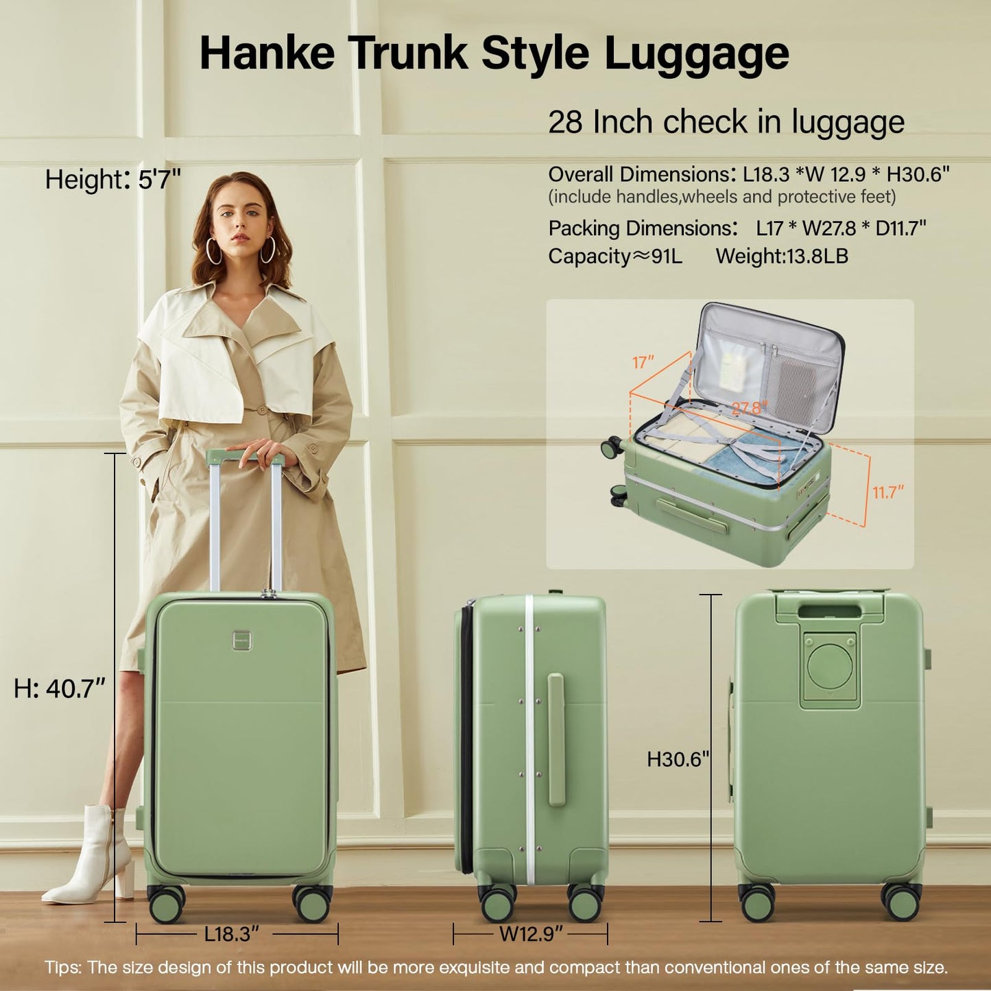 Hanke 28 Inch Luggage with Cup Holder and Charge,Top Opening Hard Shell Suitcases with Wheels and Dividers,Aluminum Frame Trunk Luggage Extra Large Suitcase with Lock for Travel,Bamboo Green