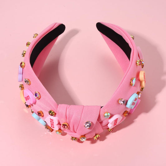 NVENF Valentine’s Day Headband for Women Love Heart Headband Jeweled Crystal Rhinestone Knotted Hairband Red Pink Wide Top Knot Hairband Valentine’s Day Hair Accessories Gifts (Letter 1 - Pink)