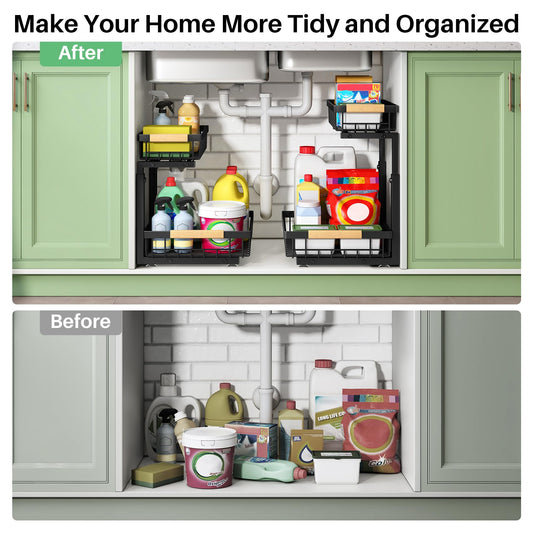 Under Sink Organizer, 2 Packs 2 Tier Under Sink Organizers and Storage, Slide out Pull out Cabinet Organizer Shelf, Metal Sliding Drawer for Kitchen Bathroom Pantry Cabinet Closet Organization Rack