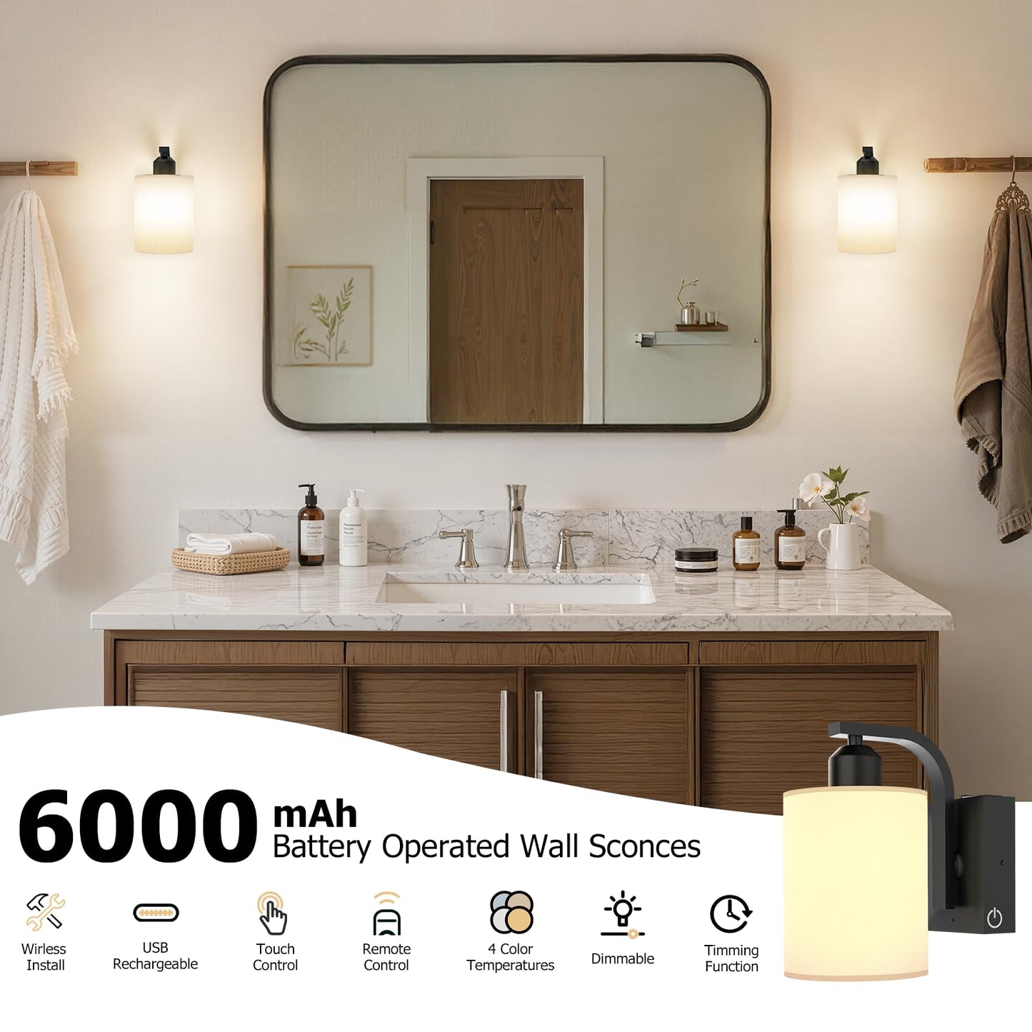 iThird Wall Sconce Battery Operated Set of 2, 6000mAh Rechargeable Wall Lights with Touch Control and Remote Control, Wireless Wall Lamps for Bedroom, Black Sconces Wall Decor for Living Room Hallway
