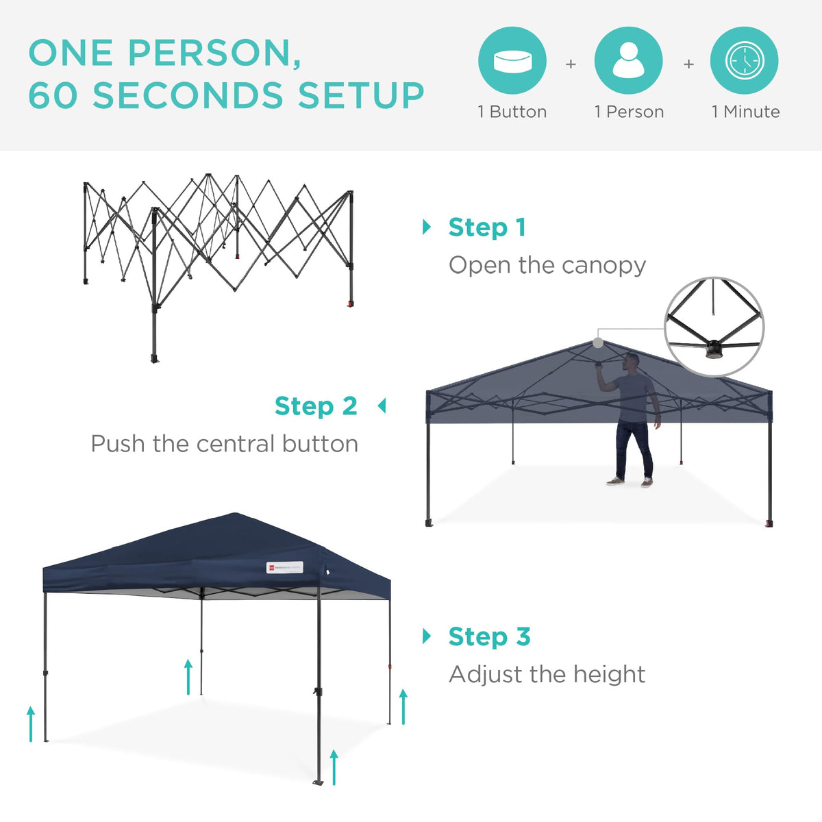 Best Choice Products 10x10ft 1-Person Setup Pop Up Canopy Tent Instant Portable Shelter w/ 1-Button Push, Case, 4 Weight Bags - Blue