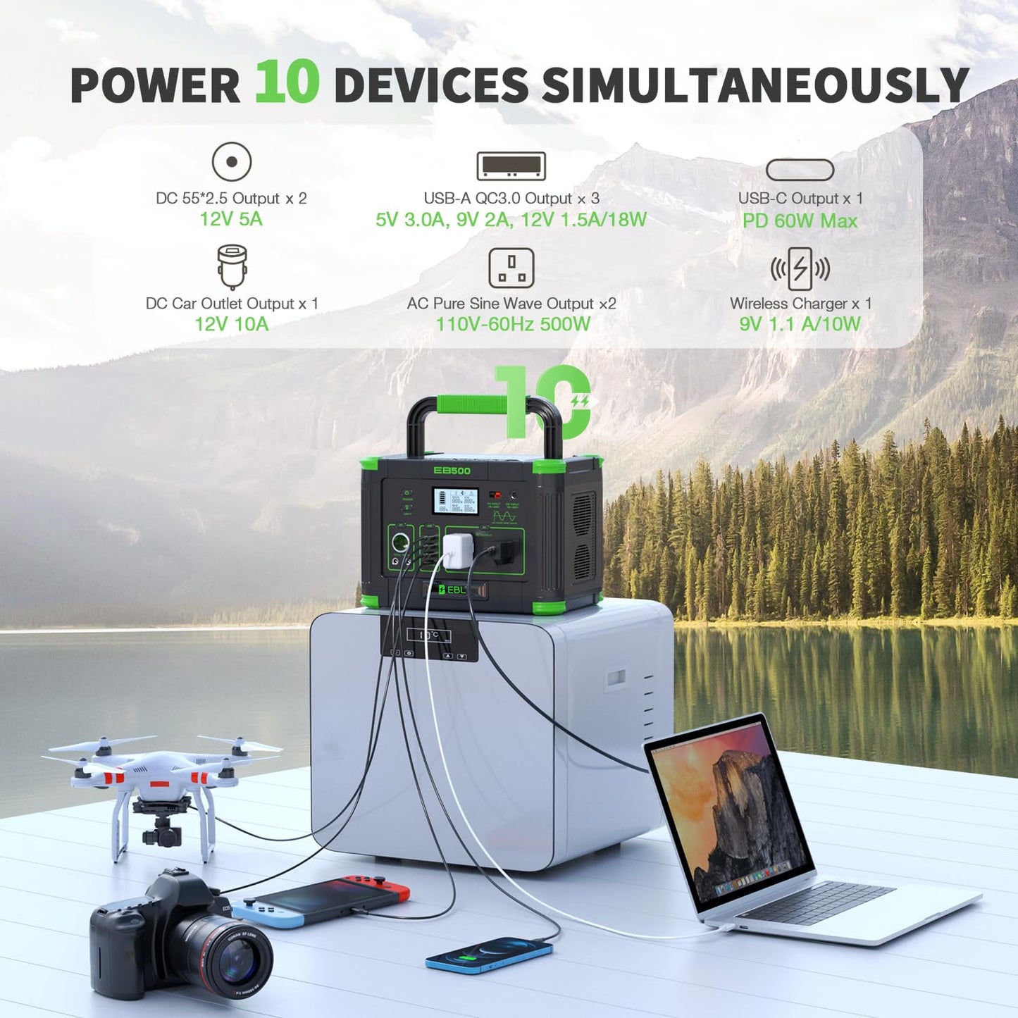 Portable Power Station 500W, 519Wh Solar Generator with 2x110V AC Outlets & USB-C PD 60W, 10-Port Power Bank with Wireless Charger for Outdoors Camping Travel Home Blackout