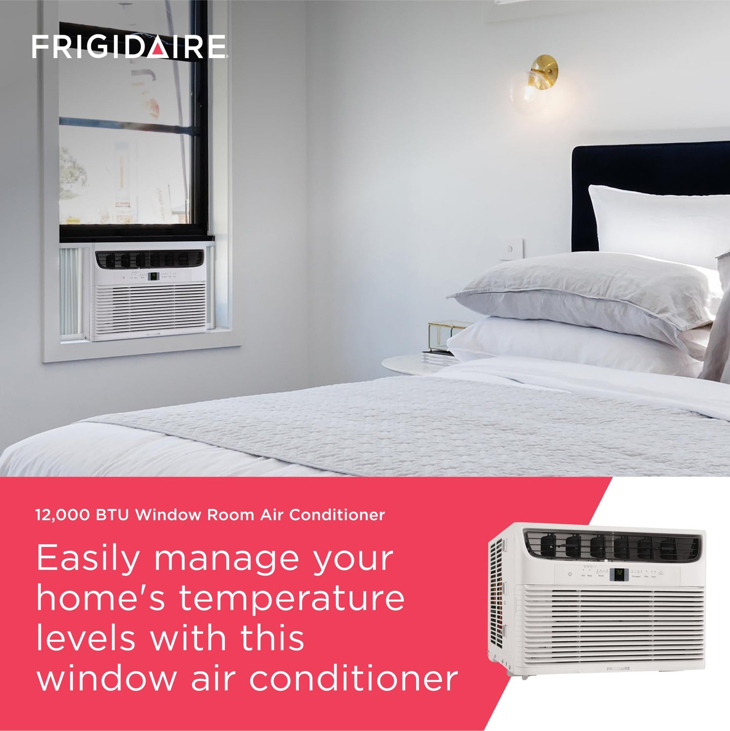 Frigidaire 12,000 BTU Window Air Conditioner with Remote Control, Cools Up to 550 Sq. Ft., Quiet Operation, Eco Mode, 3 Fan Speeds, Auto Restart, White