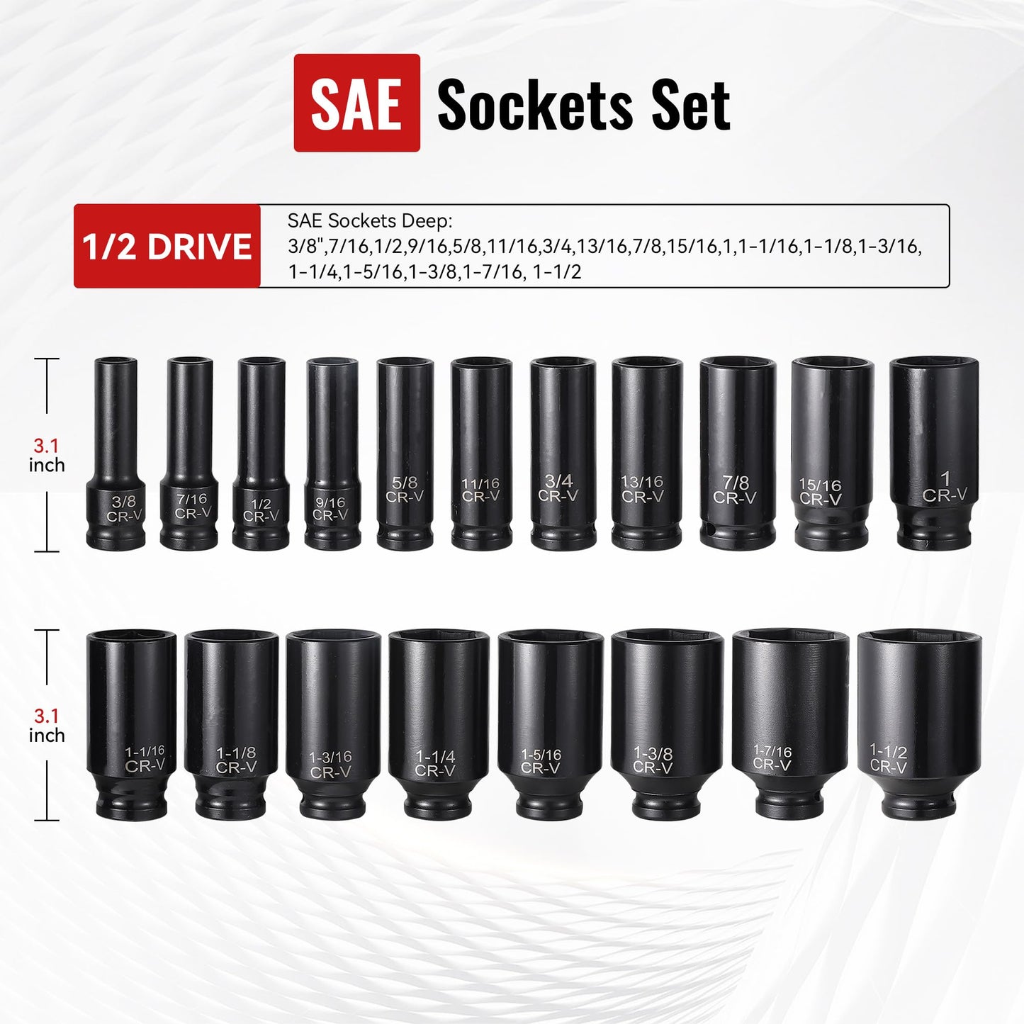 Reniteco 25-Piece 1/2" Drive Socket Set, SAE (3/8"- 1-1/2"), Deep Sockets, Extension Bars, 1/2" F to 3/8" M Reducer,3/8" F to 1/2" M Reducer, Universal Joint, 6 Point Design, Cr-V
