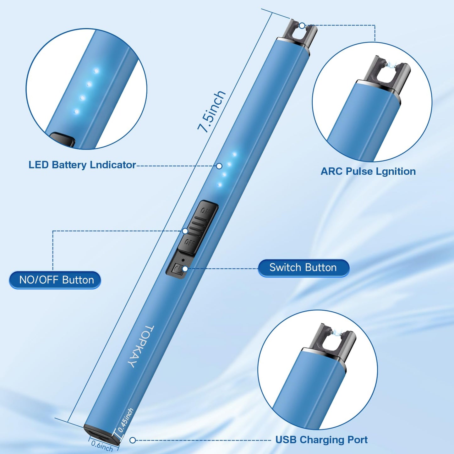TOPKAY Electric Lighter Candle Lighter Windproof Flameless USB Rechargeable Plasma Arc Long Lighter for Grill Firework Kitchen Camping (Lake Blue)