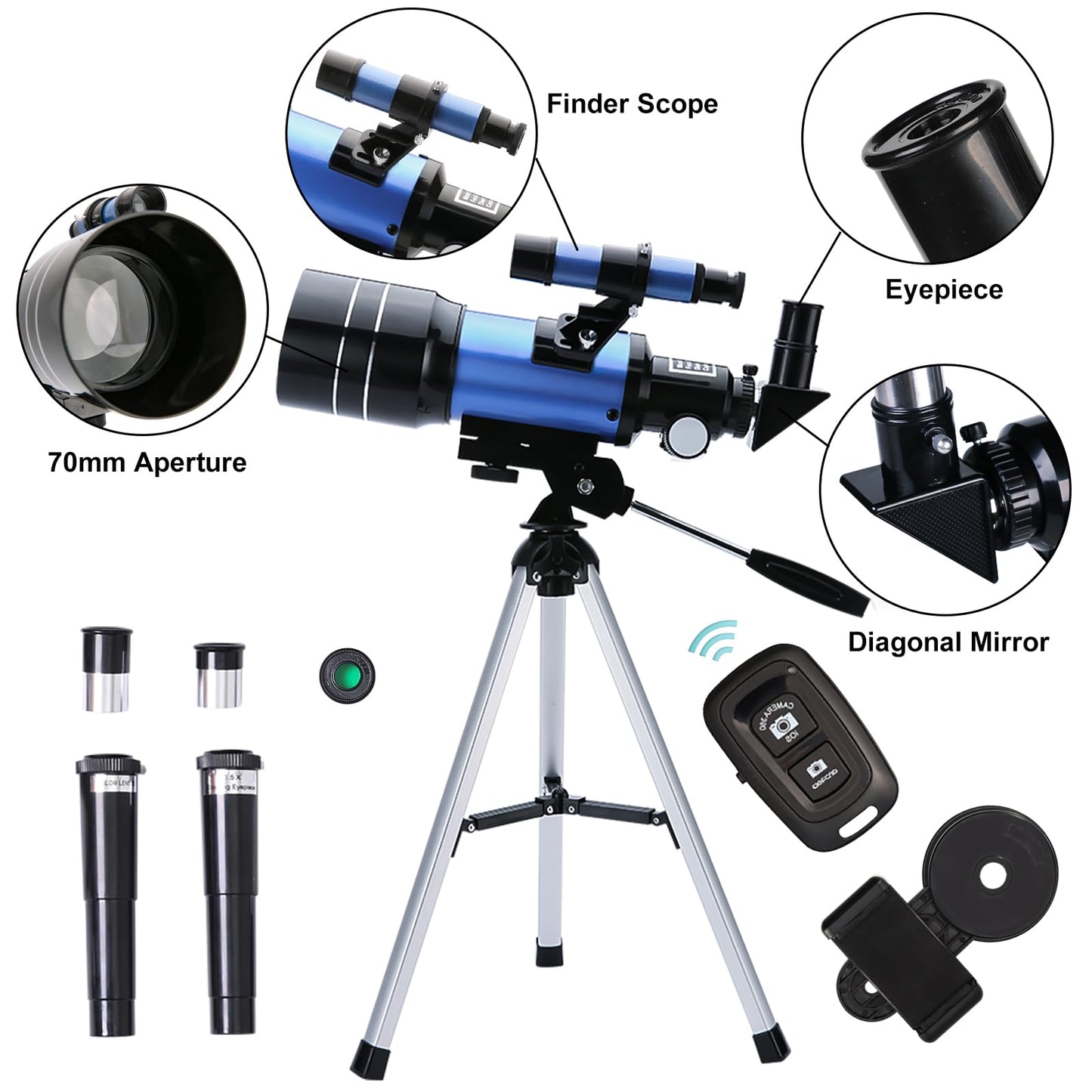 ToyerBee Telescope for Adults & Kids, 70mm Aperture (15X-150X) Portable Refractor Telescopes for Astronomy Beginners, 300mm Professional Travel Telescope with A Smartphone Adapter& Wireless Remote