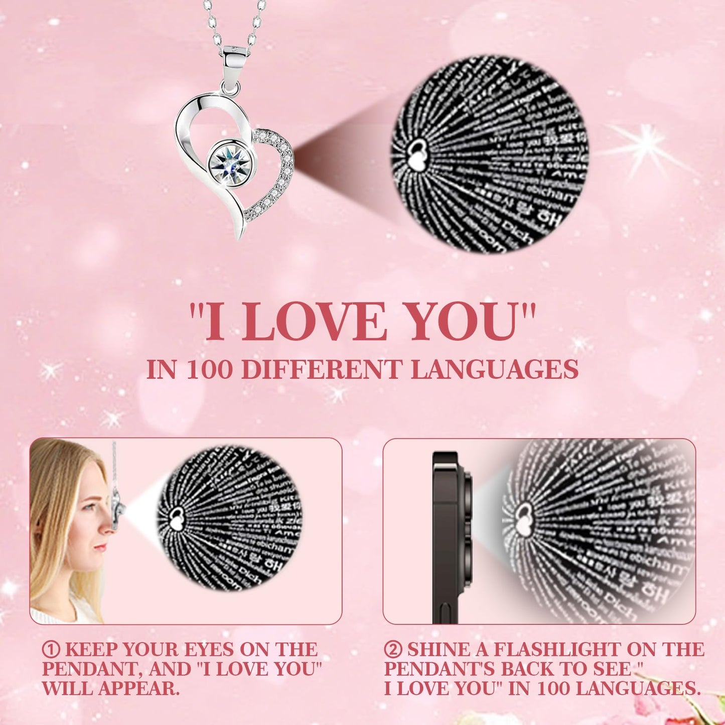 cdco Preserved Real Roses with Heart Necklace I Love You in 100 Languages, Romantic Anniversary Christmas Gifts for Wife Girlfriend, Forever Roses Necklace Gifts