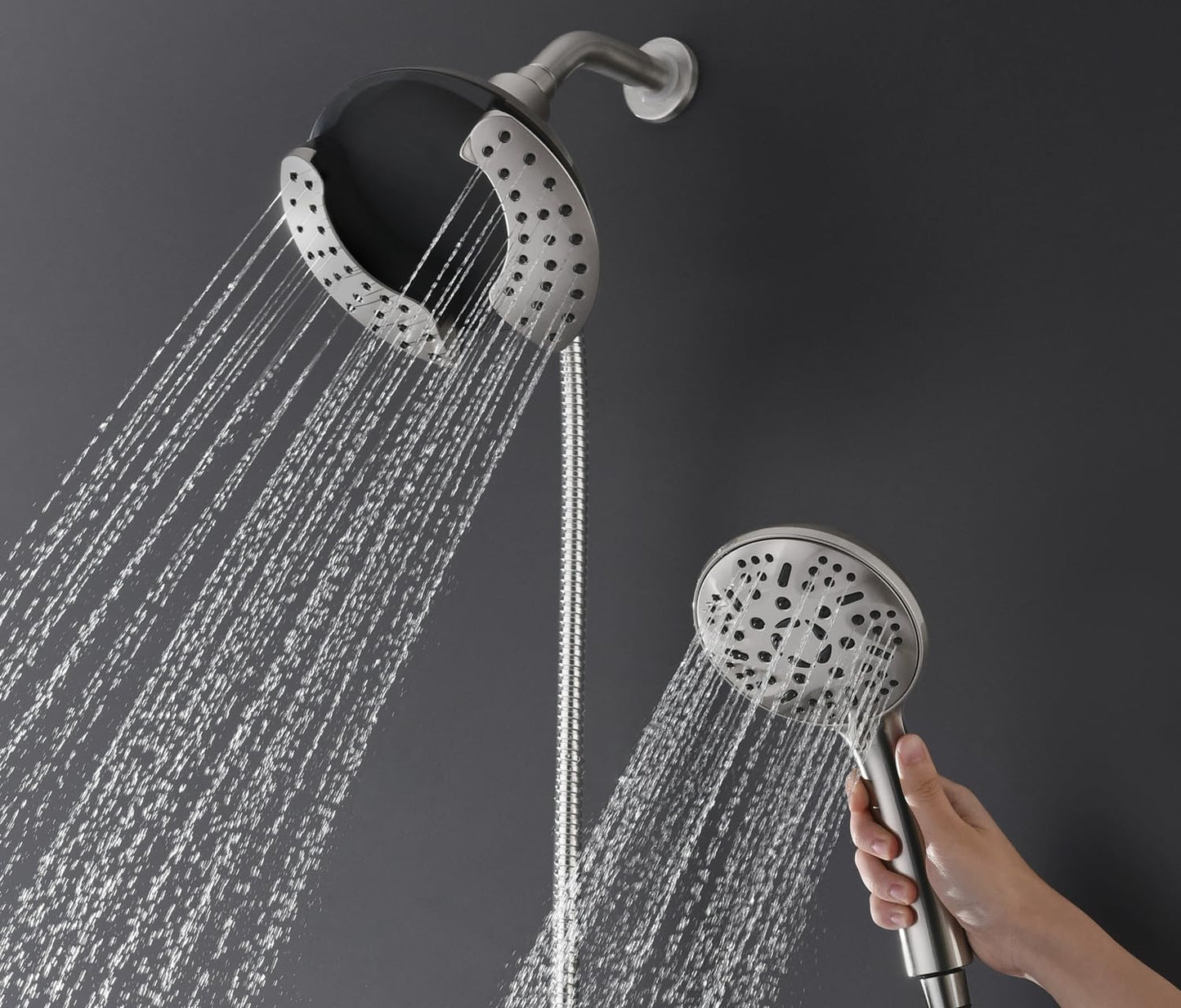 GRICH 2.5GPM Shower Head with Hand: 2 in 1 High Pressure Shower Heads With Handheld Spray Combo & Rain Shower Head, 9 Spray Modes Anti-Leak Waterfall Showerhead, Angle Adjustable, Brushed Nickel