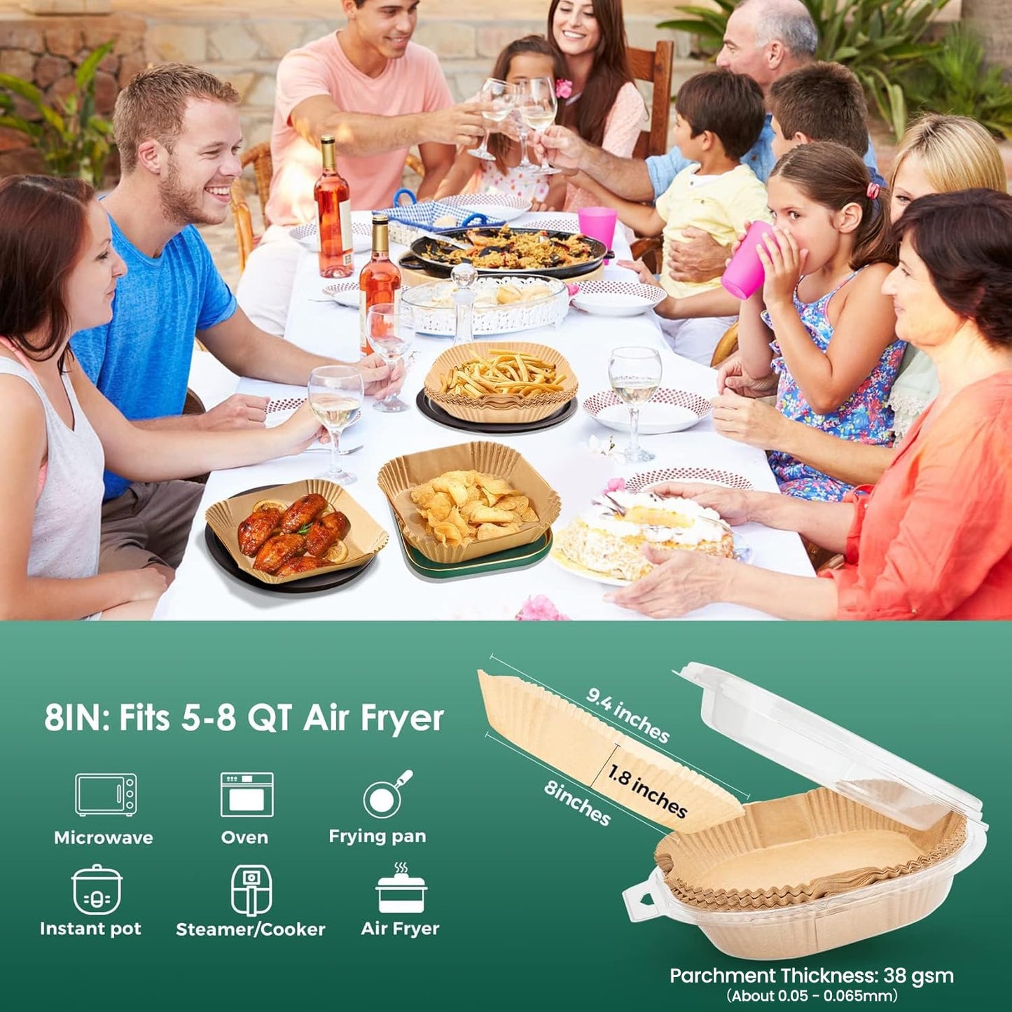 Air Fryer Paper Liners, 125Pcs Parchment Paper, Air Fryer Liners Disposable for Microwave, Non-Stick Air Fryer Liner Square Free of Bleach (8IN)