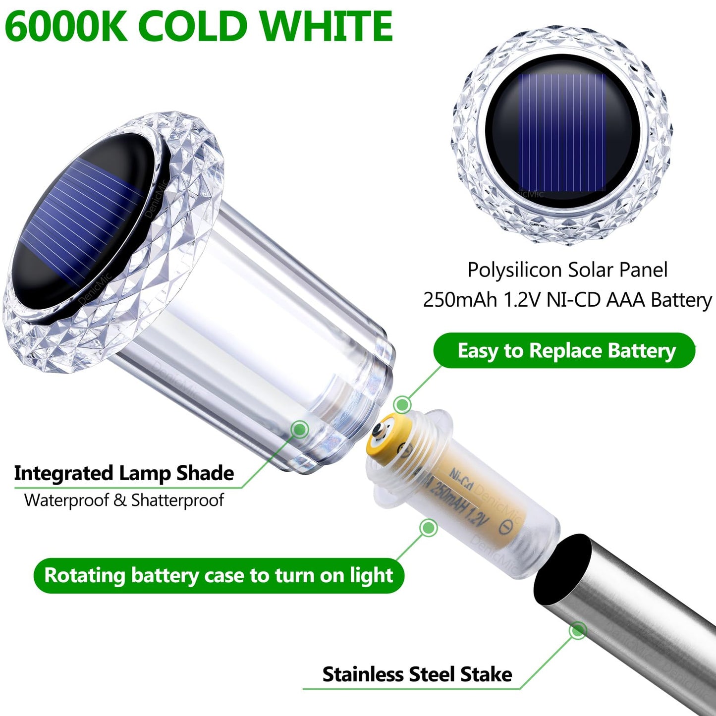DenicMic Solar Lights Outdoor Pathway Lights 6000K LED Waterproof Acrylic Lamp Head Stainless Steel Stake for Yard Garden Landscape Path Walkway Driveway Patio Lawn (Cold White 10Pack)
