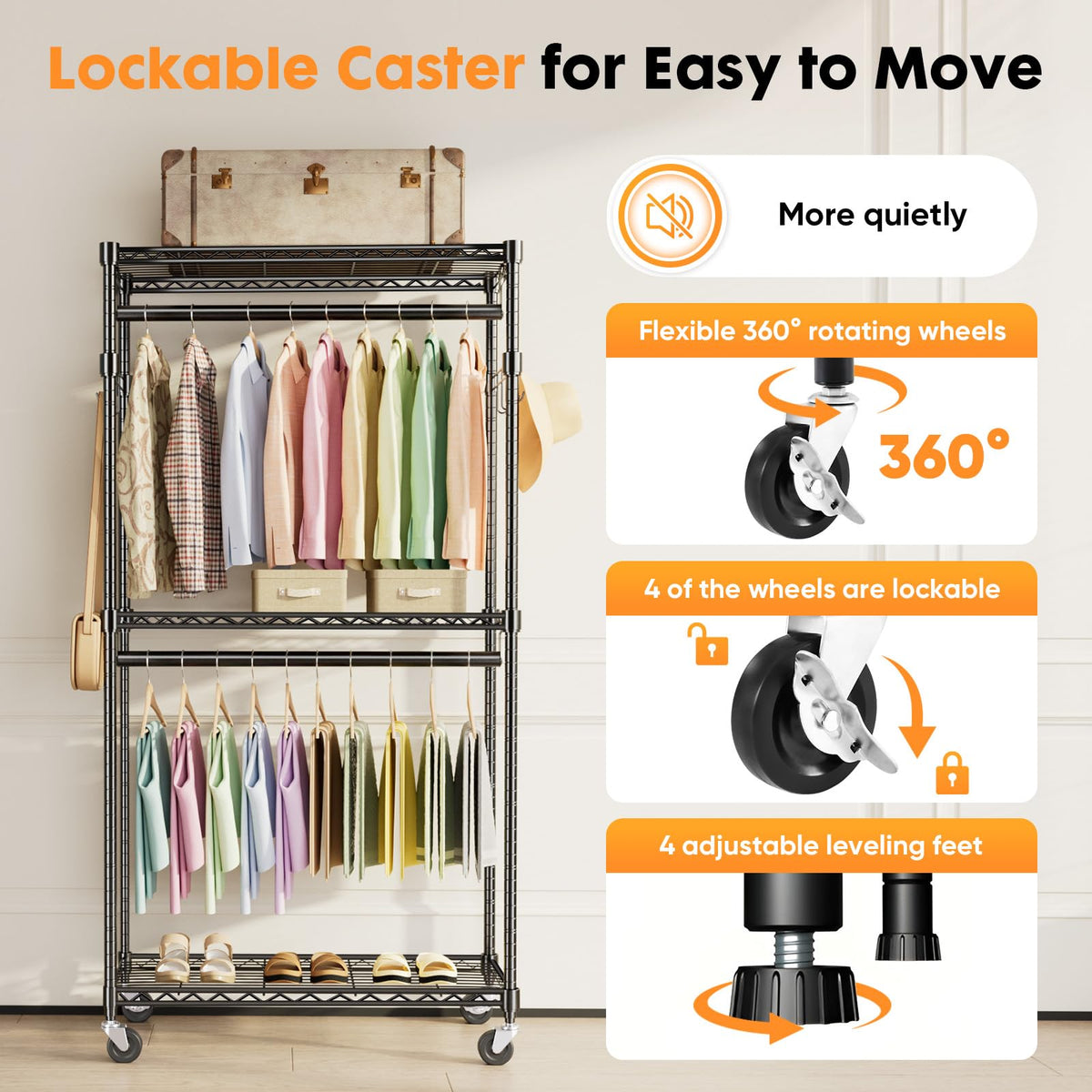 Sweetcrispy Medium Rolling Clothes Rack, Heavy Duty Garment Racks 3 Tiers Portable Adjustable Wire Shelves with Wheels, Hanging Rods, Hooks Freestanding Clothing Wardrobe Closet (15.7"Lx29.5"Wx75.5"H)