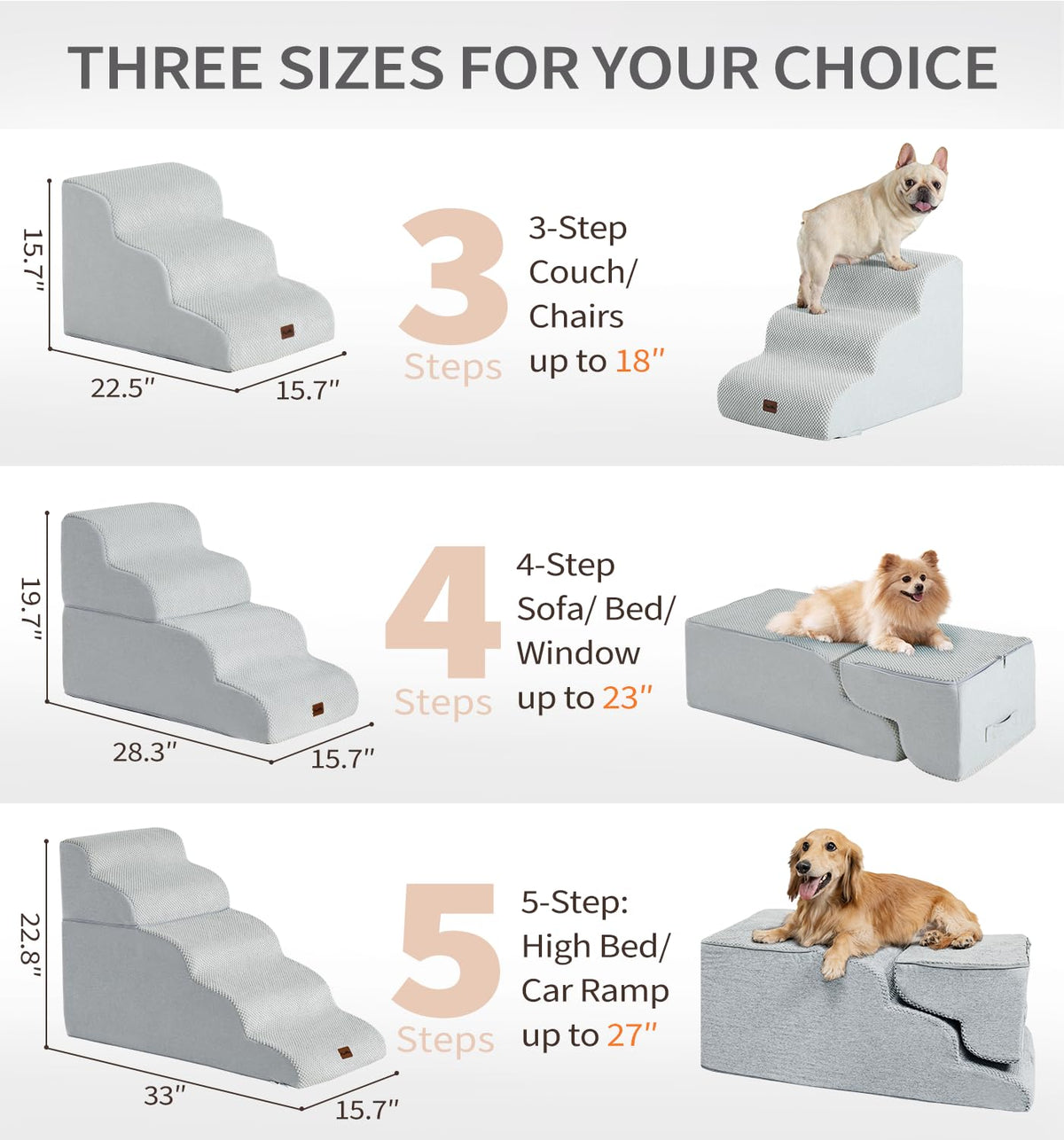 Made4Pets Dog Stairs Ramp for Small Dogs 15.7" H, 3-Step Dog Steps for Bed Couch Sofa and Chair, 35D Foam Pet Steps for Small Dogs and Cats, Non-Slip Bottom Pet Stairs, Light Grey
