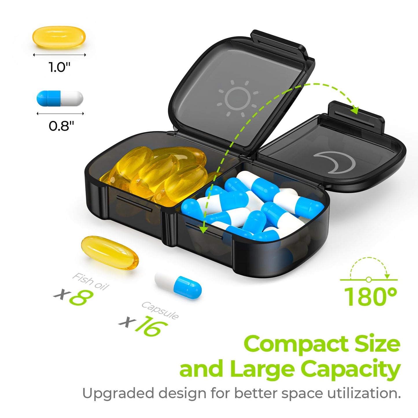 AUVON XL Weekly Pill Organizer 2 Times a Day, Pill Box 7 Day with One-Side Large Openings for Easy to Use, Black Privacy Protection AM PM Pill Case for Medication, Vitamins, Fish Oils, Supplements