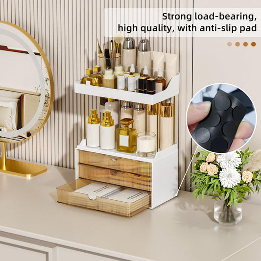 StorBin 3 Large Drawers Makeup Organizer - 5 Tier Bathroom Counter Organizers and Storage, Versatile Perfume Vanity Organizer, Ideal for Cosmetic, Large Skincare, Face Mask, Office Supplies, Amber