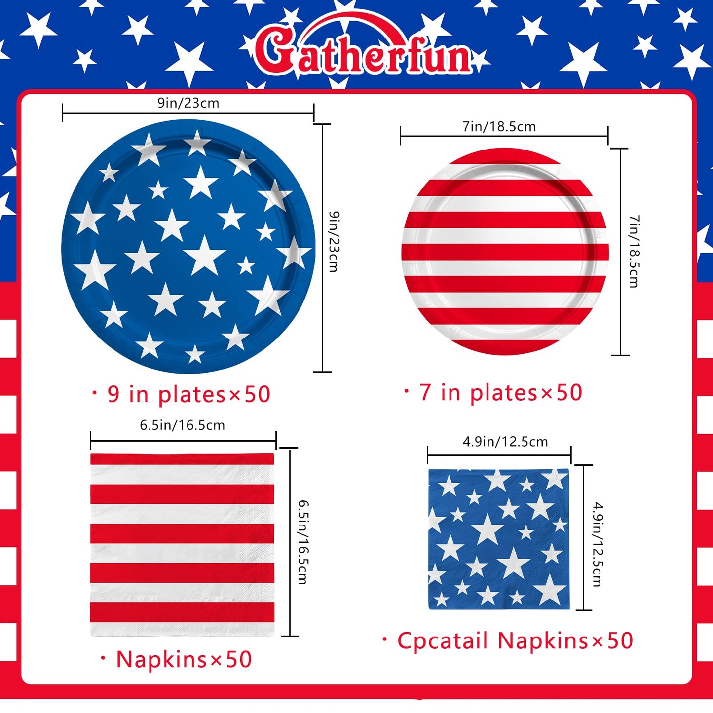 American Flag Patriotic Party Supplies Disposable dinner paper plates dessert paper plates Napkins and Cocktail napkins for Veterans Day Election Day 4th of July Independence Day Decorations, Serve 50
