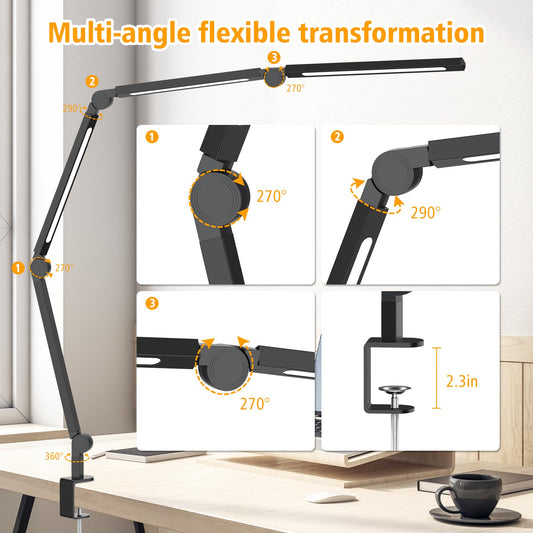 LED Desk Lamp with Clamp,Adjustable Swing Arm Desk Lamps for Home Office,Dimmable Tempering Eye Care Desk Light Bright Modern Led Table Lamp for Nail Tech Architect,Flexible Tall Task Table Light
