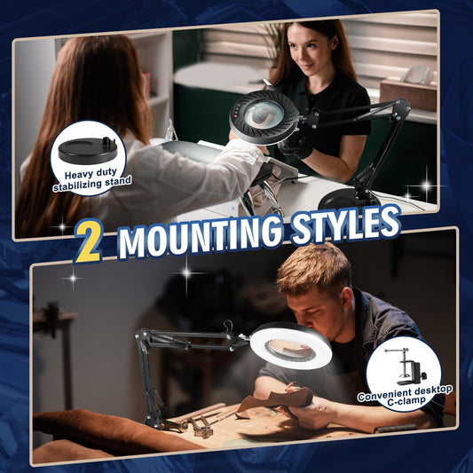 Toolastra 12X Magnifying Glass with Light and Stand, 144 LEDs Brightest Desktop Magnifying Lamp, 10 Dimmable Brightness 5 Color Modes, Hands Free Metal Desk Lamp for Craft Reading Painting (Black)