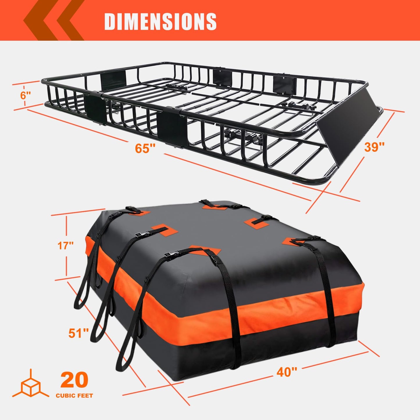 MeeFar Roof Rack Carrier Basket Universal Rooftop 65" X 39" X 6" Large Size Roof Rack + Waterproof Bag 20 Cubic Feet (51" 40" 17"), and Cargo Net with Attachment Hooks, Ratchet Straps