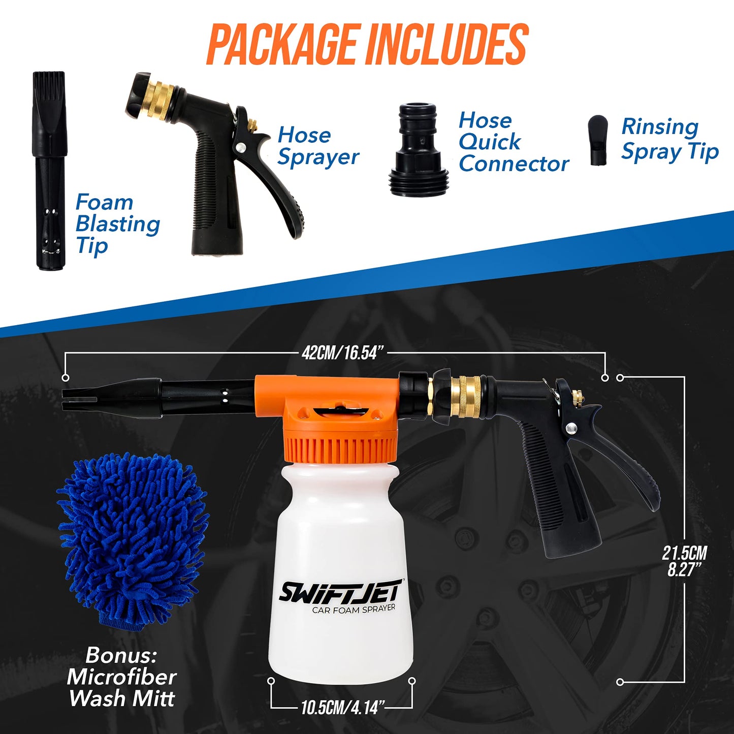 SwiftJet Car Wash Foam Gun + Microfiber Wash Mitt - Foam Cannon Works with Any Soap - Garden Hose Car Foam Sprayer - Car Wash Kit - Car Accessories Foam Blaster (Orange Foam Gun with Mitt)