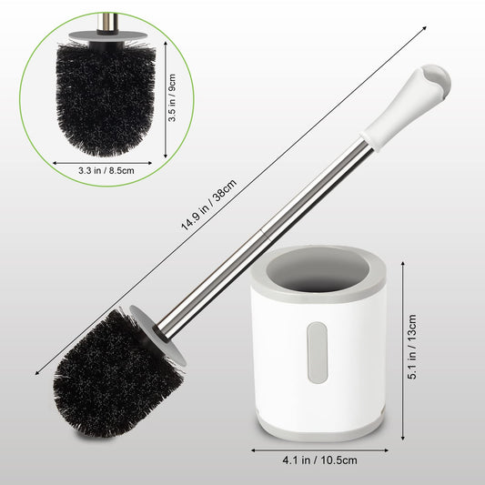 AONEZ Compact Toilet Brush & Holder, Stainless Steel Handle, Space Saving for Storage, Deep Cleaning, Drip-Proof, Easy to Assemble, Nylon Bristles, White & Grey