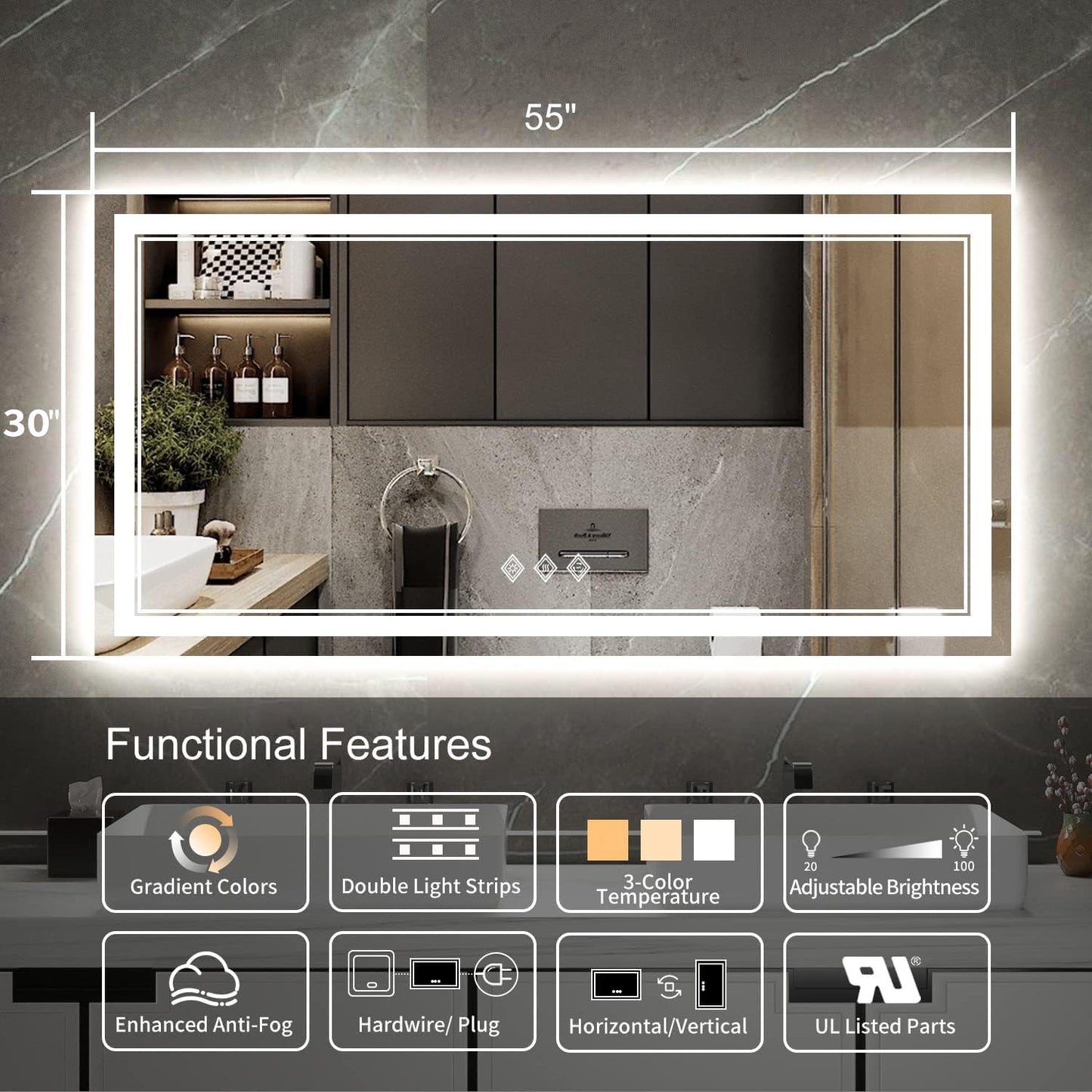 VanPokins Backlit Bathroom Mirror, 55x30 Inch Gradient Front and Backlit Mirror, 3 Colors Dimmable CRI>90 Double Lights, IP54 Enhanced Anti-Fog, Hanging Plates Wall Mount LED Bathroom Mirror