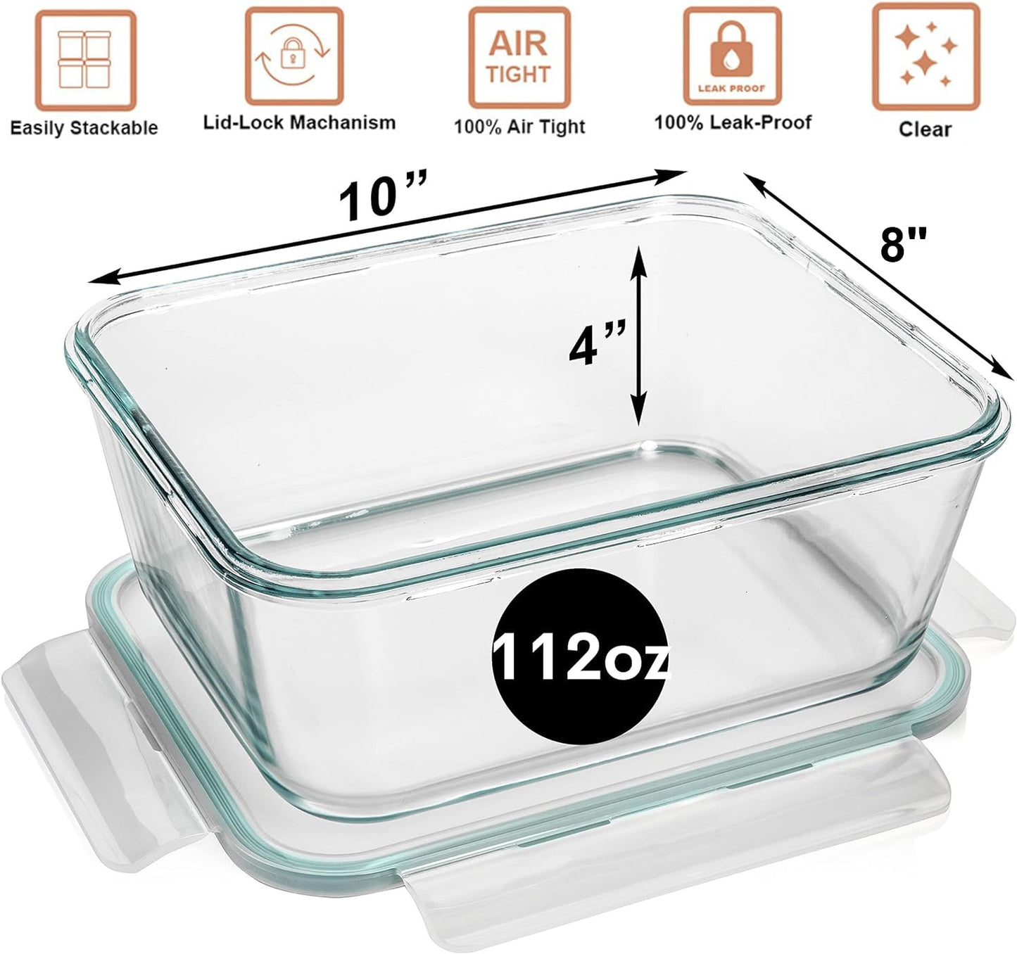 Razab 3300 ml / 112 oz Large Glass Food Storage Containers with Lids, Airtight, Leakproof, BPA Free - Ideal for Meal Prep, Store Leftover & Lunch, Baking Casserole - Freezer, Microwave & Oven Safe