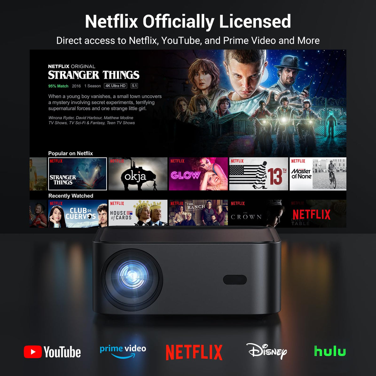 Official Licensed Netflix Smart Projector, HAPPRUN Projector 4K with Wifi and Bluetooth, DoIby Audio, Built-in Apps, Native 1080P 1000ANSI, Electric Focus, Portable Projector for Home Cinema, Bedroom