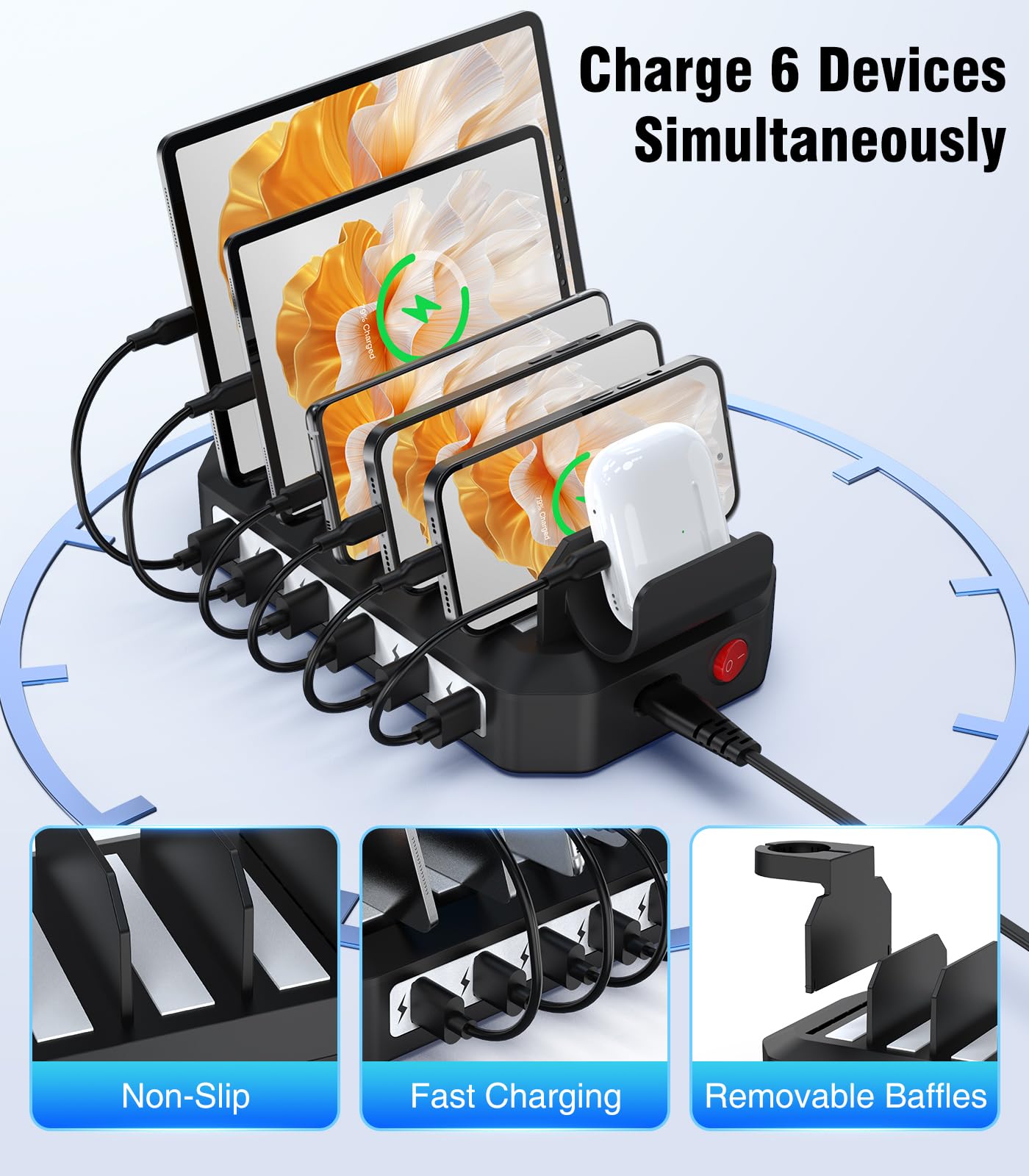 Charging Station for Multiple Devices: 6 Port USB Charger Stations - Family Multi-Device Organizer Charging Dock - Safer Designed for iPhone iPad Android Cell Phone Tablet(6 Cables Included)
