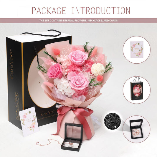 Casaido Preserved Flowers for Delivery, Pink Flower Bouquets with Necklace, Forever Real Roses Anniversary Birthday Gifts for Women Mom Wife Girlfriend, Fresh Flowers for Valentines Day Christmas