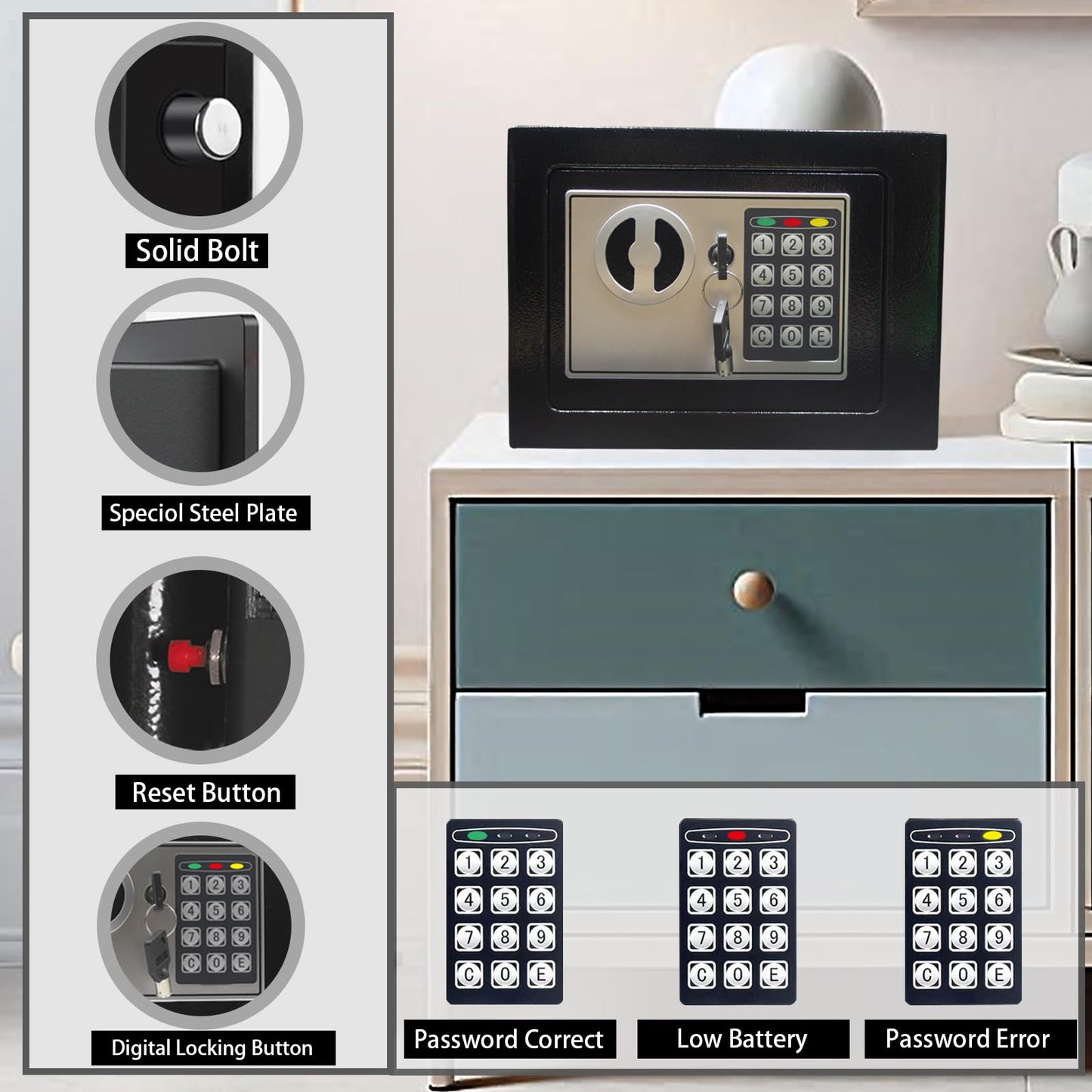 Yuanshikj Electronic Deluxe Digital Security Safe Box Key Keypad Lock Home Office Hotel Business Jewelry Gun Cash Use Storage money (BLACK)