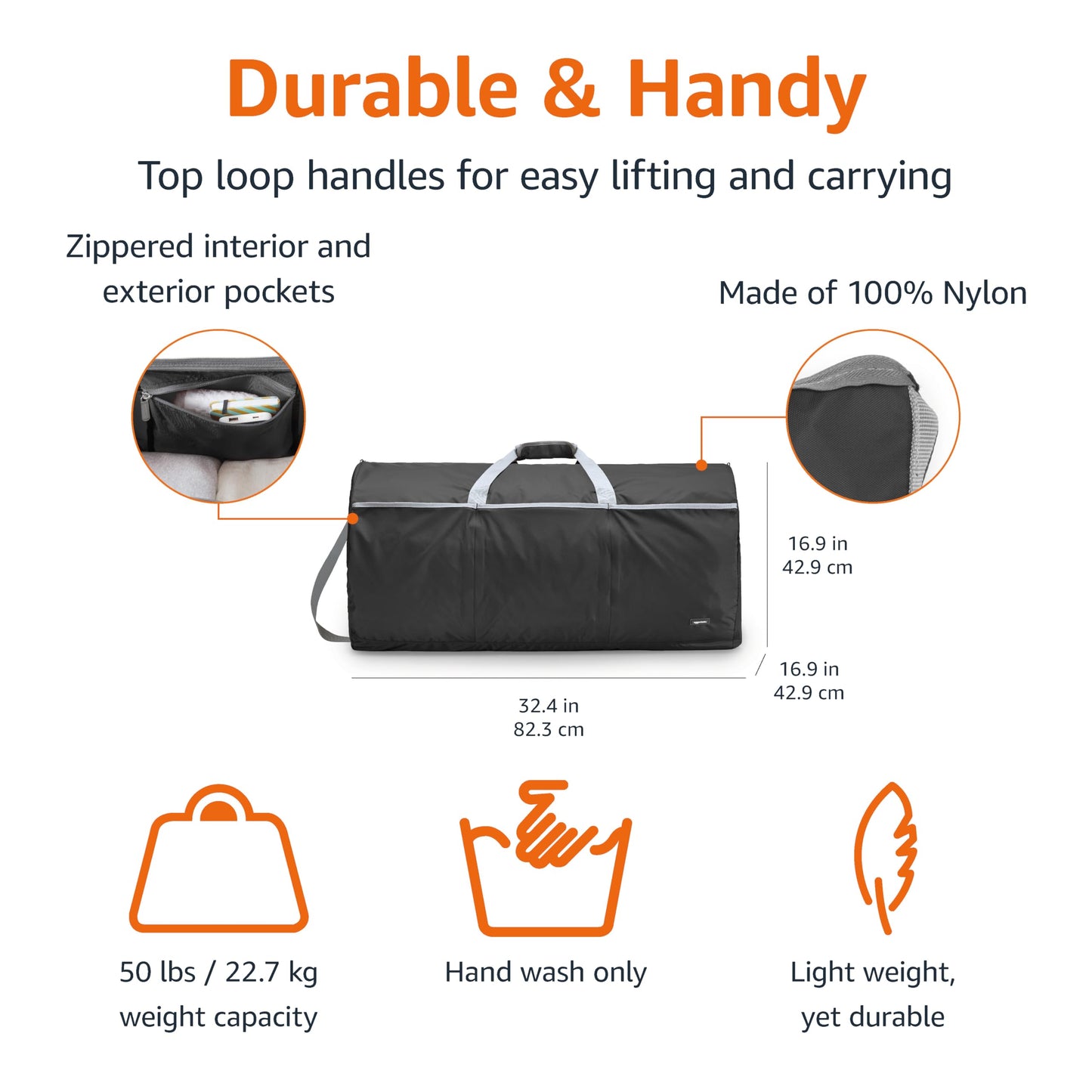 Amazon Basics 32" Extra Large Foldable Duffle Bag for Travel & Storage, with Exterior/Interior Zippered Pockets, Lightweight/Durable Nylon Material, 50-LBS Capacity, 9254 Cubic Inch (150L), Black
