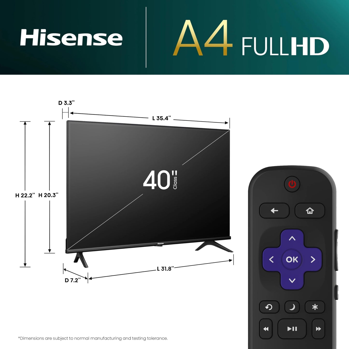 Hisense 40-Inch Class A4 Series FHD 1080p Smart Roku TV with Alexa Compatibility (40A4NR) - Dolby Audio, Slim Bezel Design, Google Assistant