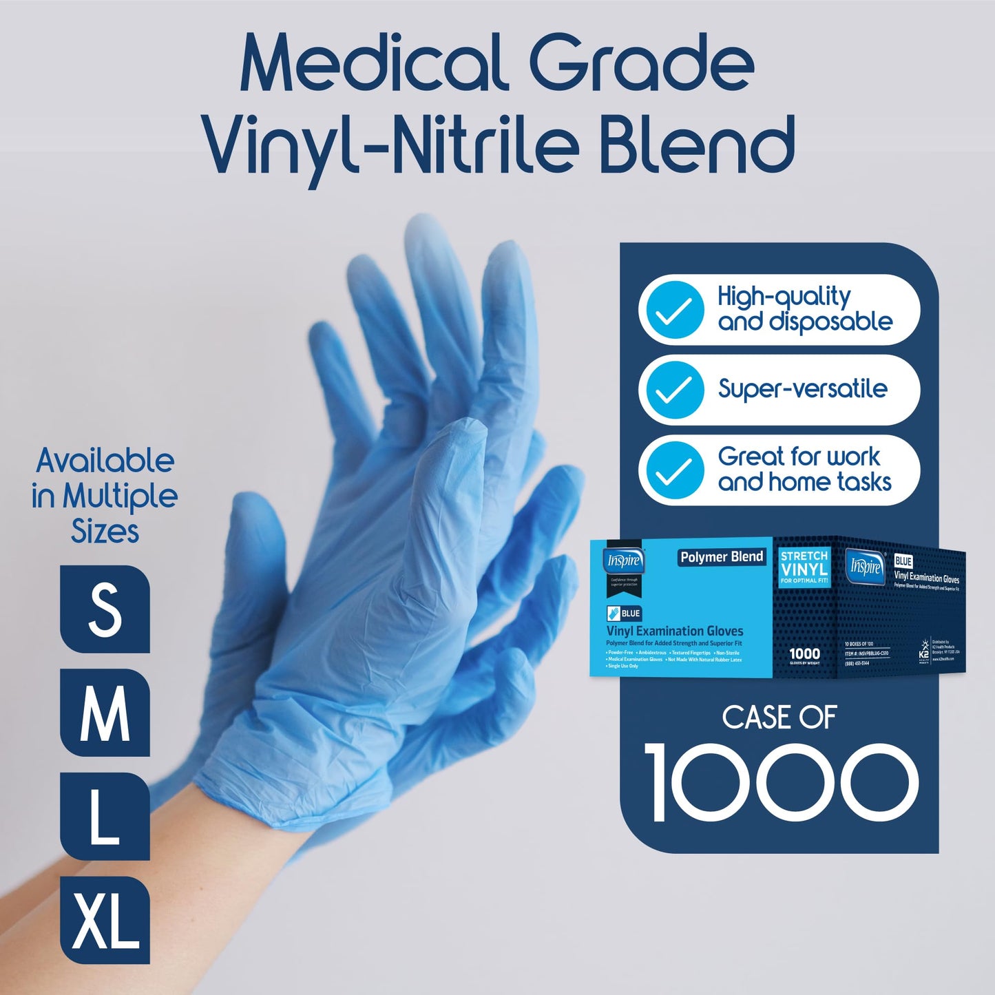 Inspire Nitrile-Vinyl Blend Gloves Disposable Latex Free Multipurpose Blue Disposable Gloves Cooking Gloves Cleaning Gloves (1000, Large)