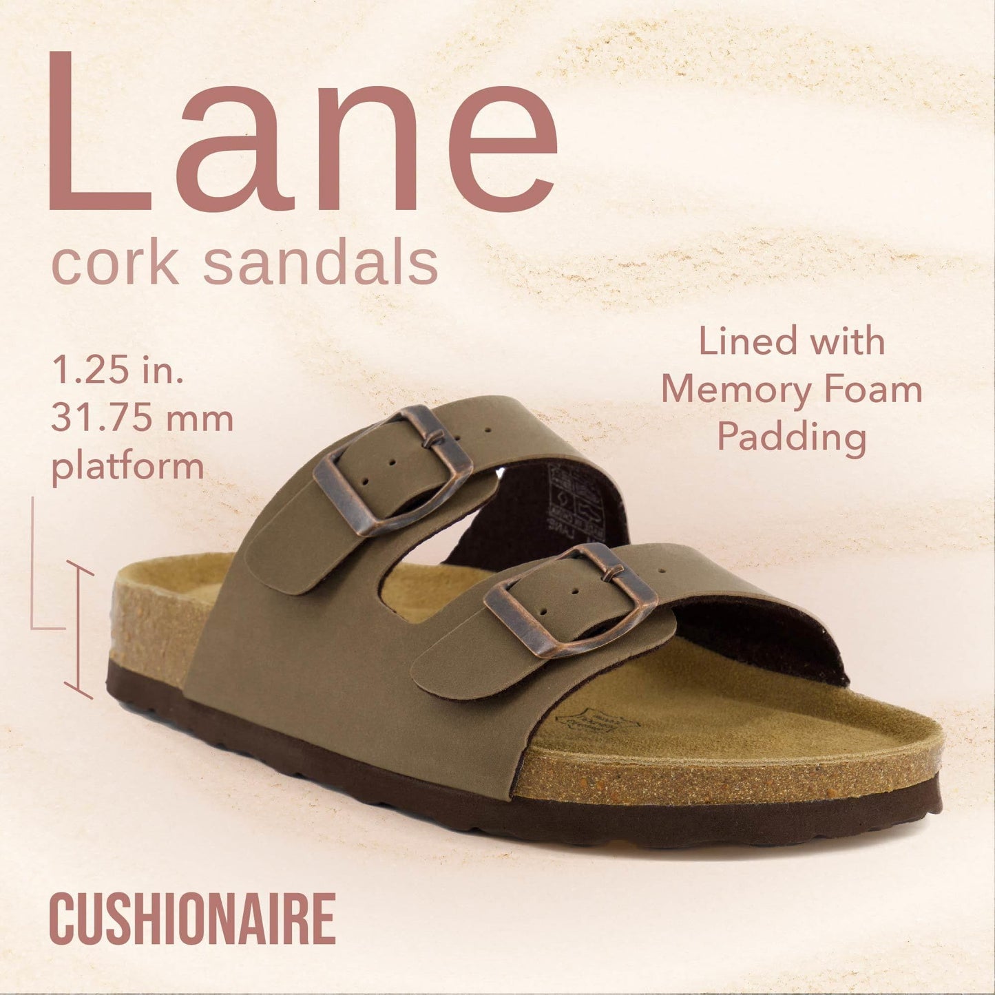 CUSHIONAIRE Lane Cork Footbed Sandals for Women – Comfortable Double Buckle Slip-On with Genuine Suede Footbed & Arch Support Slides for Women Footwear, BROWN 7