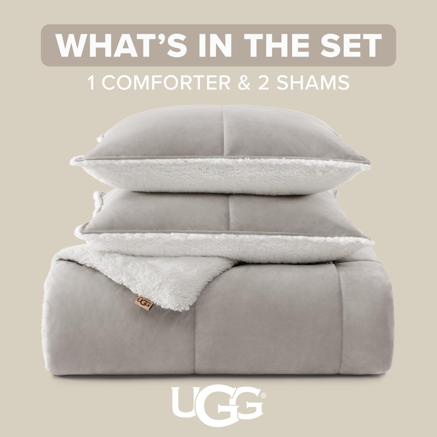 UGG Blissful Queen Comforter Set with 2 Pillow Shams, Reversible Quilted Bed Comforter, Ultra Warm Winter Bed Set, Down Alternative Bedding, Full/Queen Size, Seal Grey