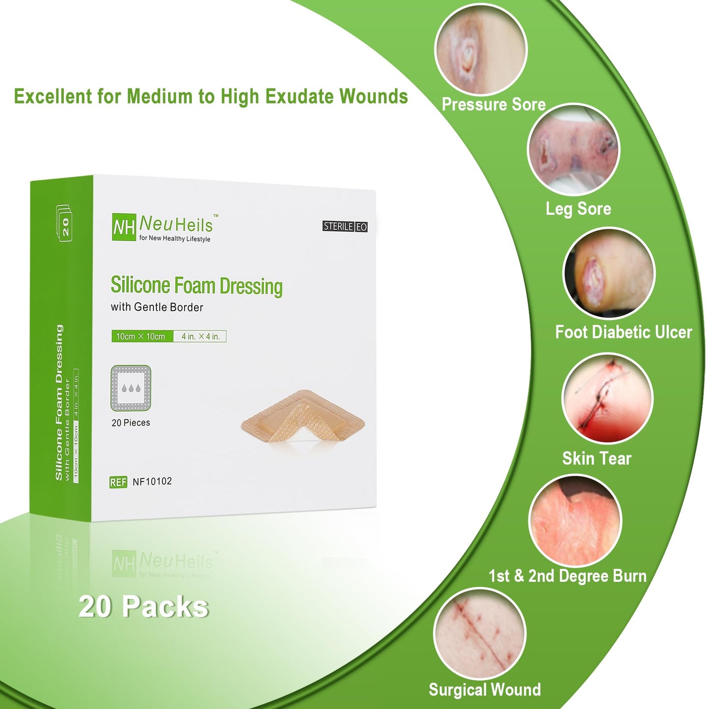 NeuHeils Silicone Foam Dressing with Gentle Border 4''x4'', 20 Pack for Bed Sore Leg Ulcer, High Absorbency Large Waterproof Silicone Wound Bandage