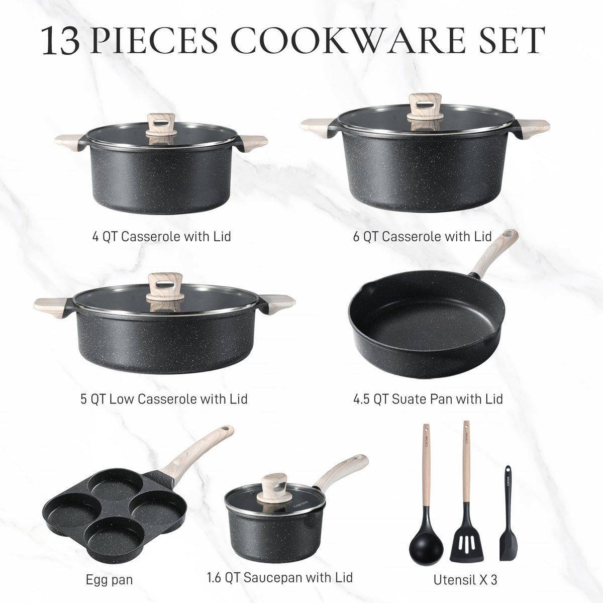 CAROTE Nonstick Pots and Pans Set, Cookware Set Induction Kitchen Cooking Set w/Stock pot & Saucepans, CLassic Black 13pcs
