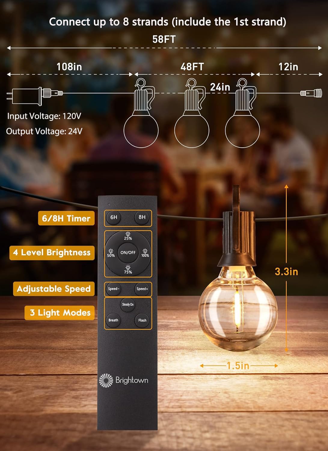 Outdoor String Lights with Remote - 58 Ft Globe Patio Lights, 4 Lighting Modes, 25 LED G40 Bulbs Waterproof Connectable Commercial Hanging Lights for Backyard Party